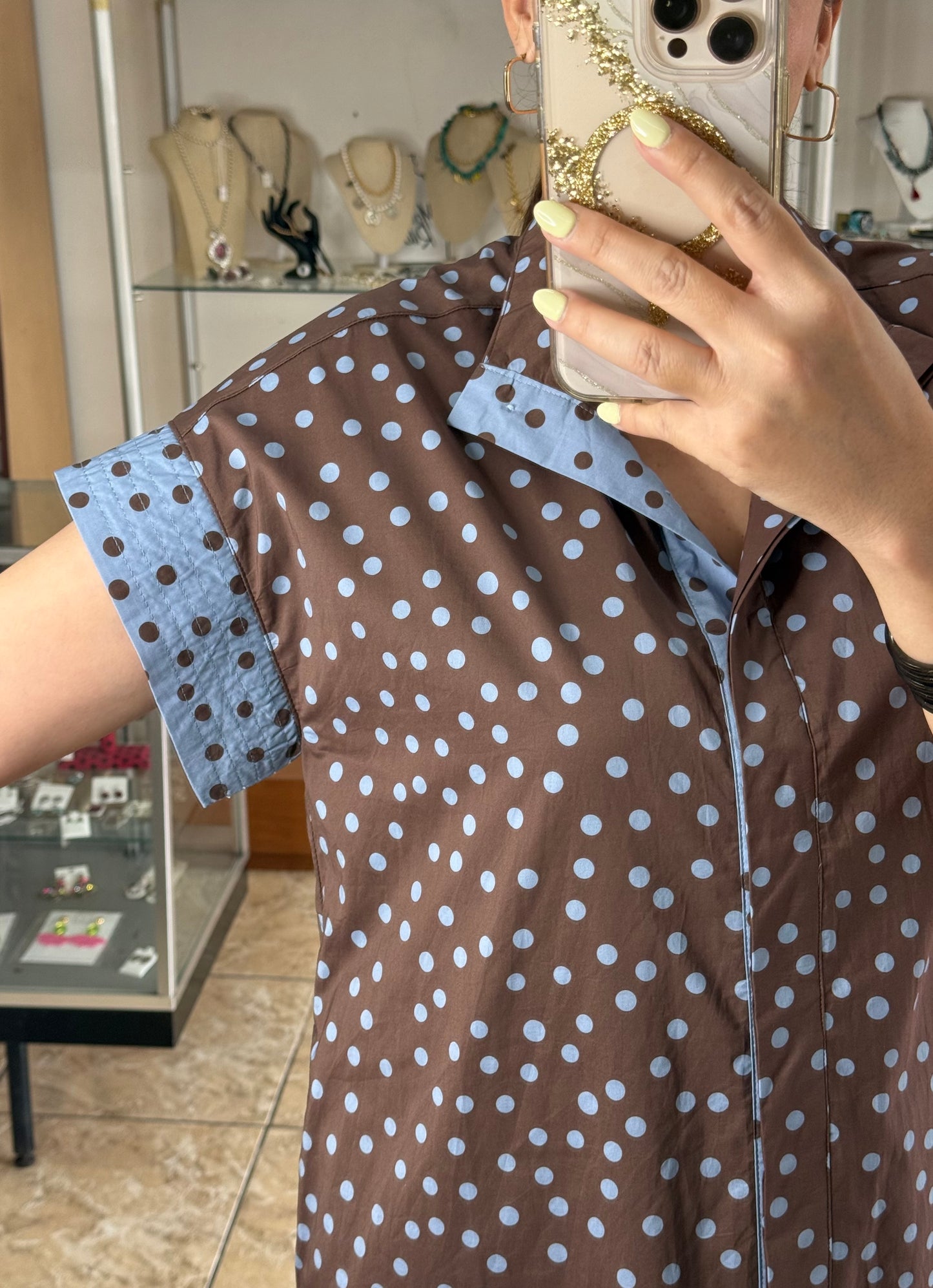 Brown/Blue Polkadots Mini Dress