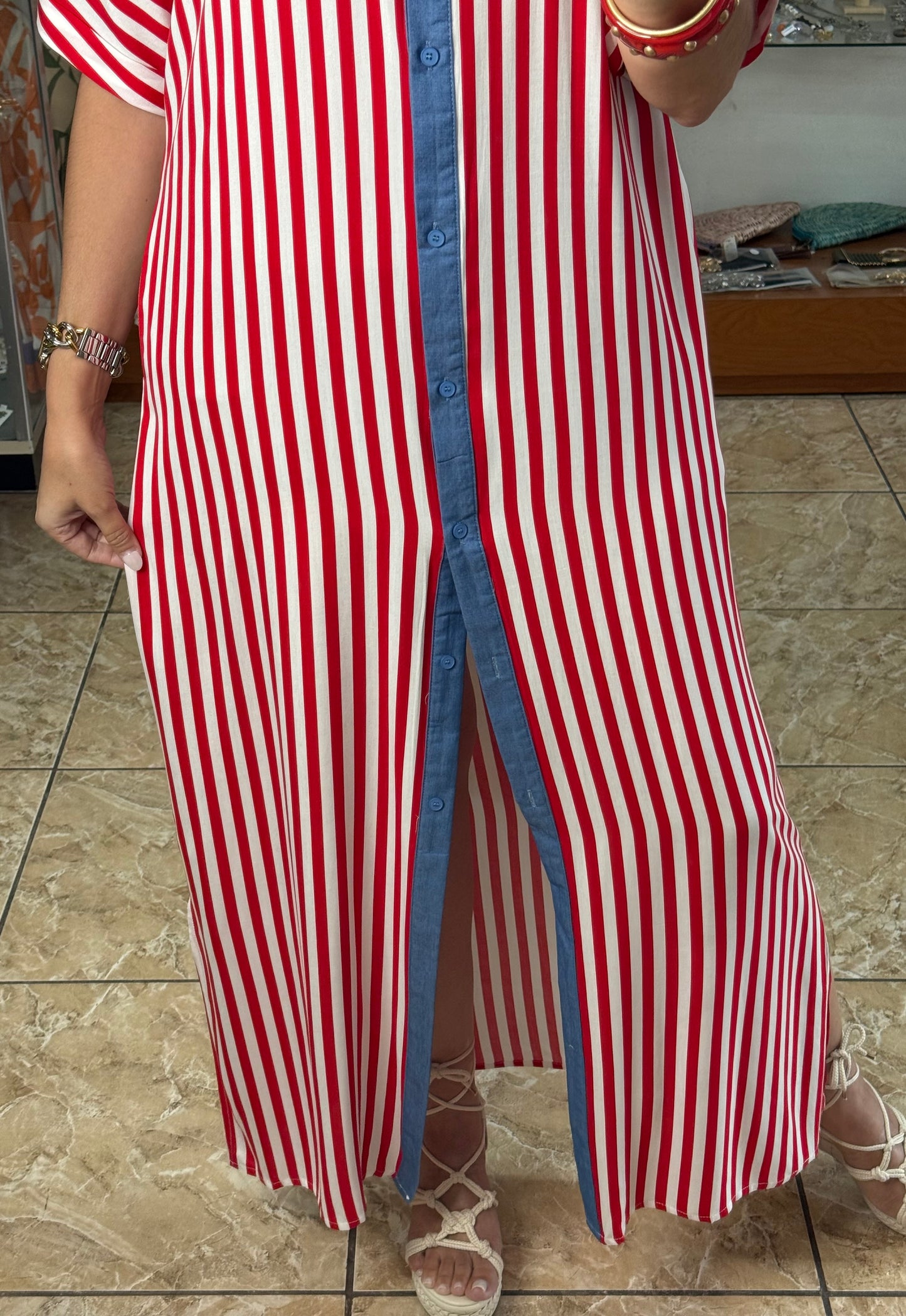 Red Stripes Button Down Maxi Dress