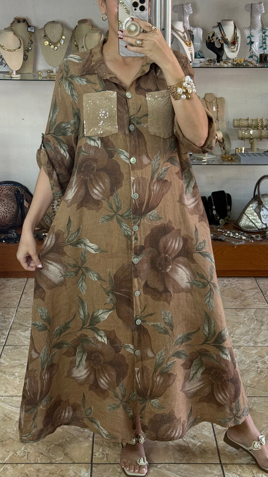 Brown Flowers OS Linen Dress (FINAL SALE)