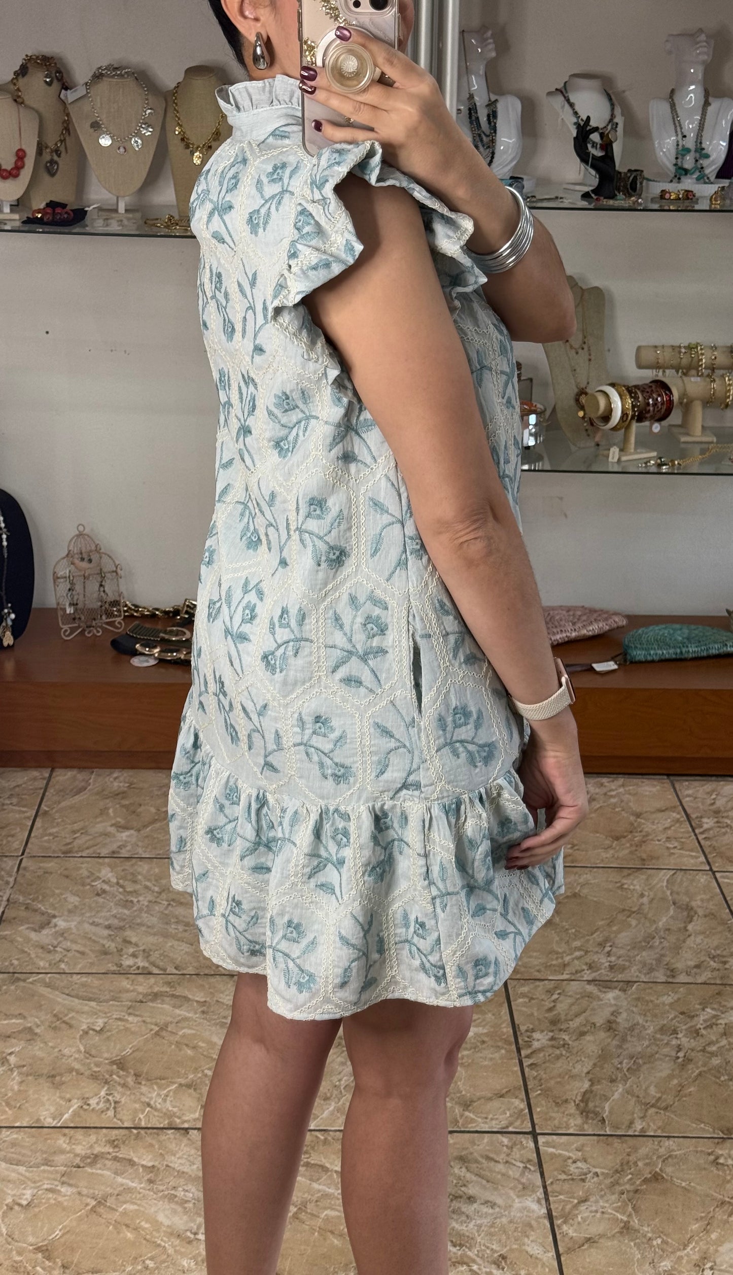 Mint Floral Embroidered Mini Dress