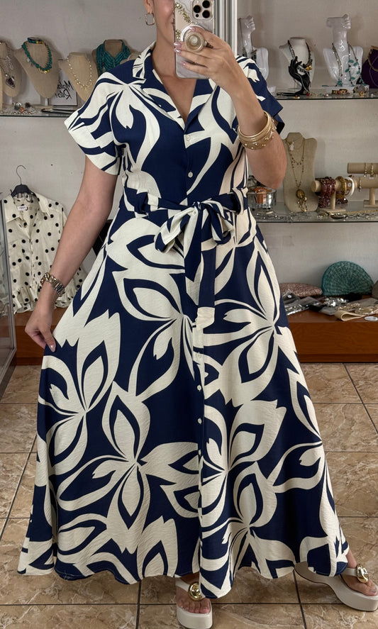 Navy Floral Belted Maxi Dress