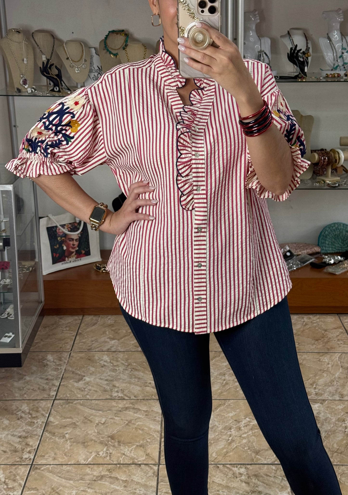 Raspberry Stripes Embroidered Sleeves Top
