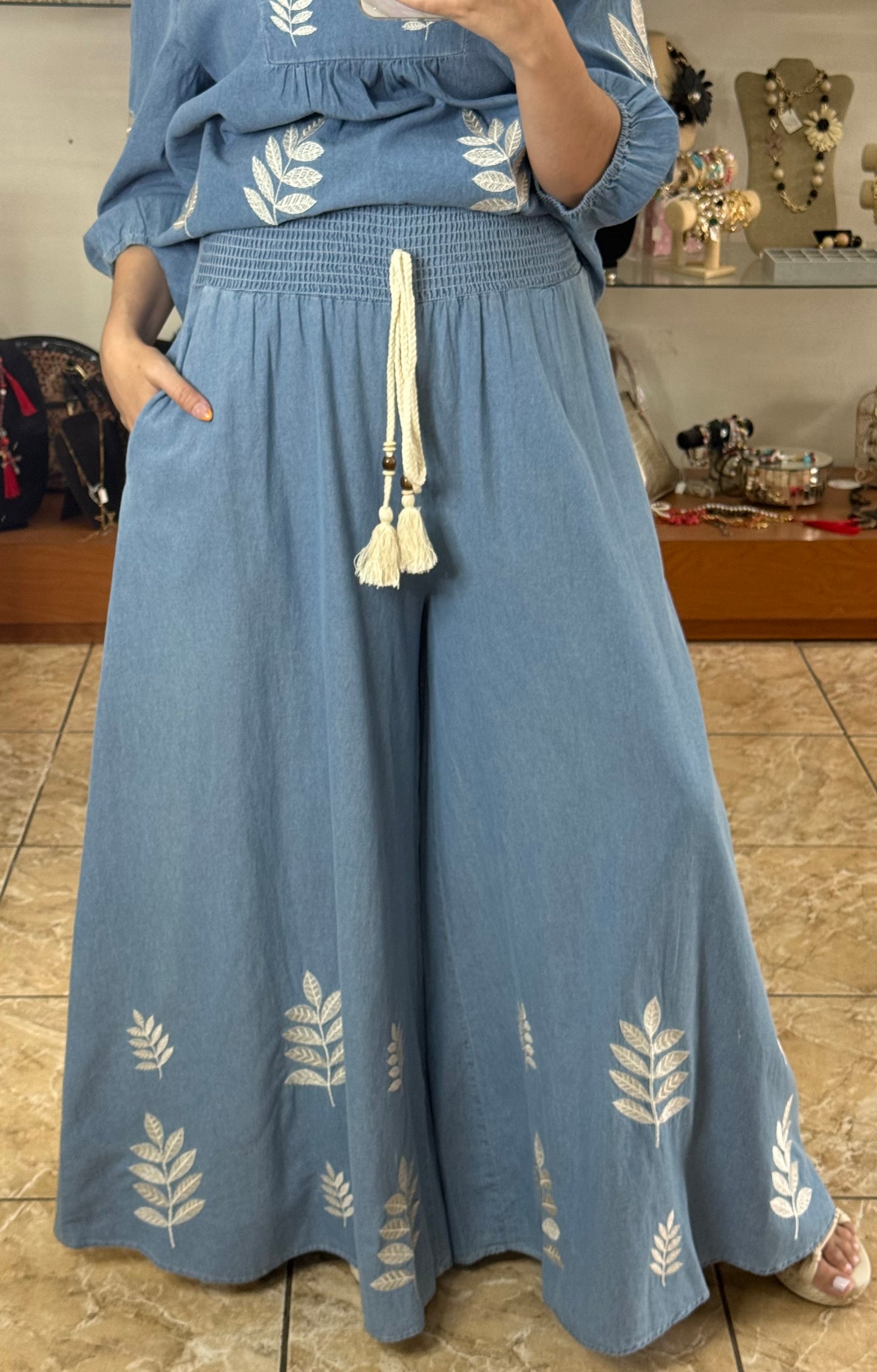Embroidered Denim OS Top and Pant Set (FINAL SALE)