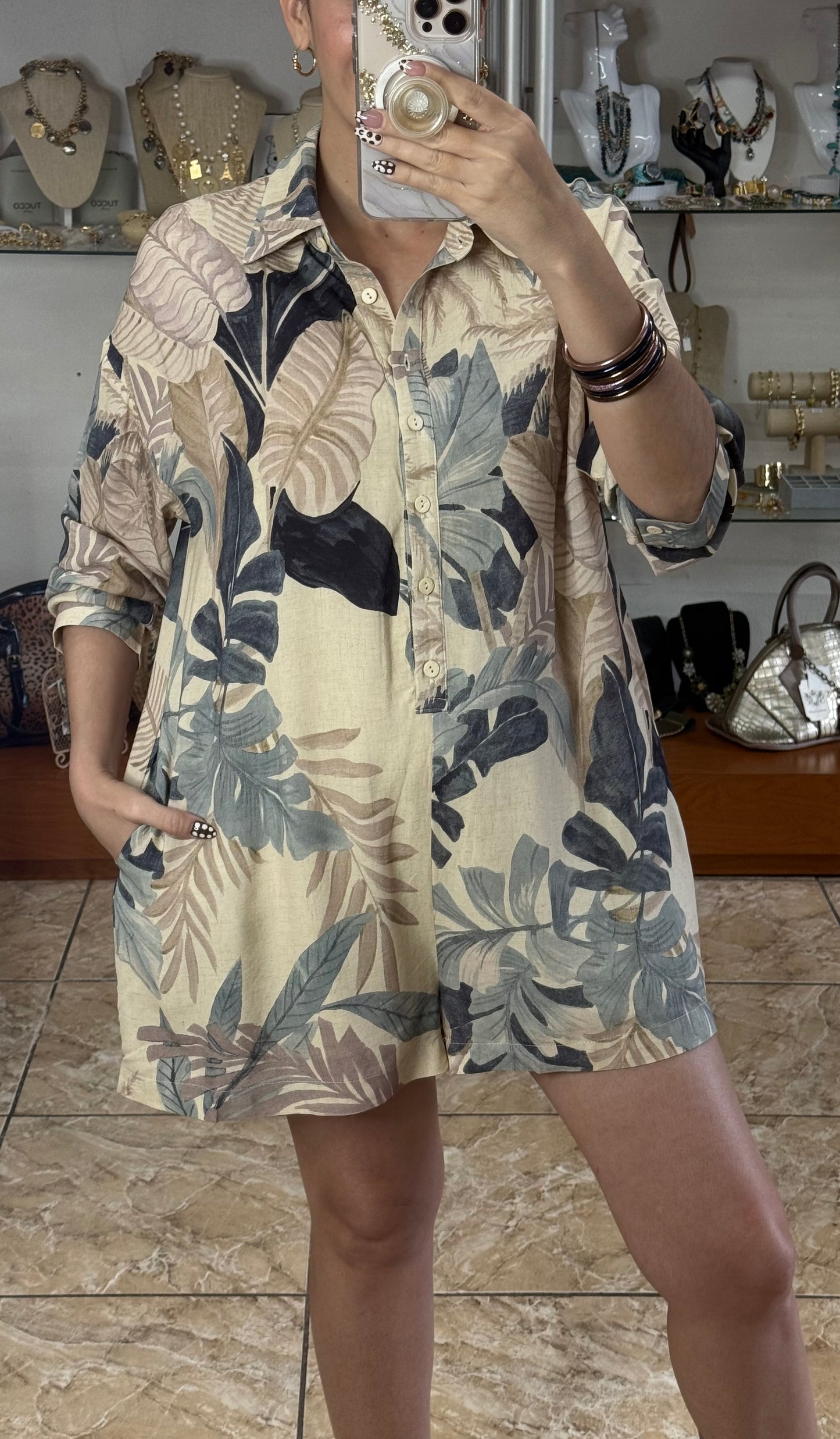 Beige/Blue Leaves Romper