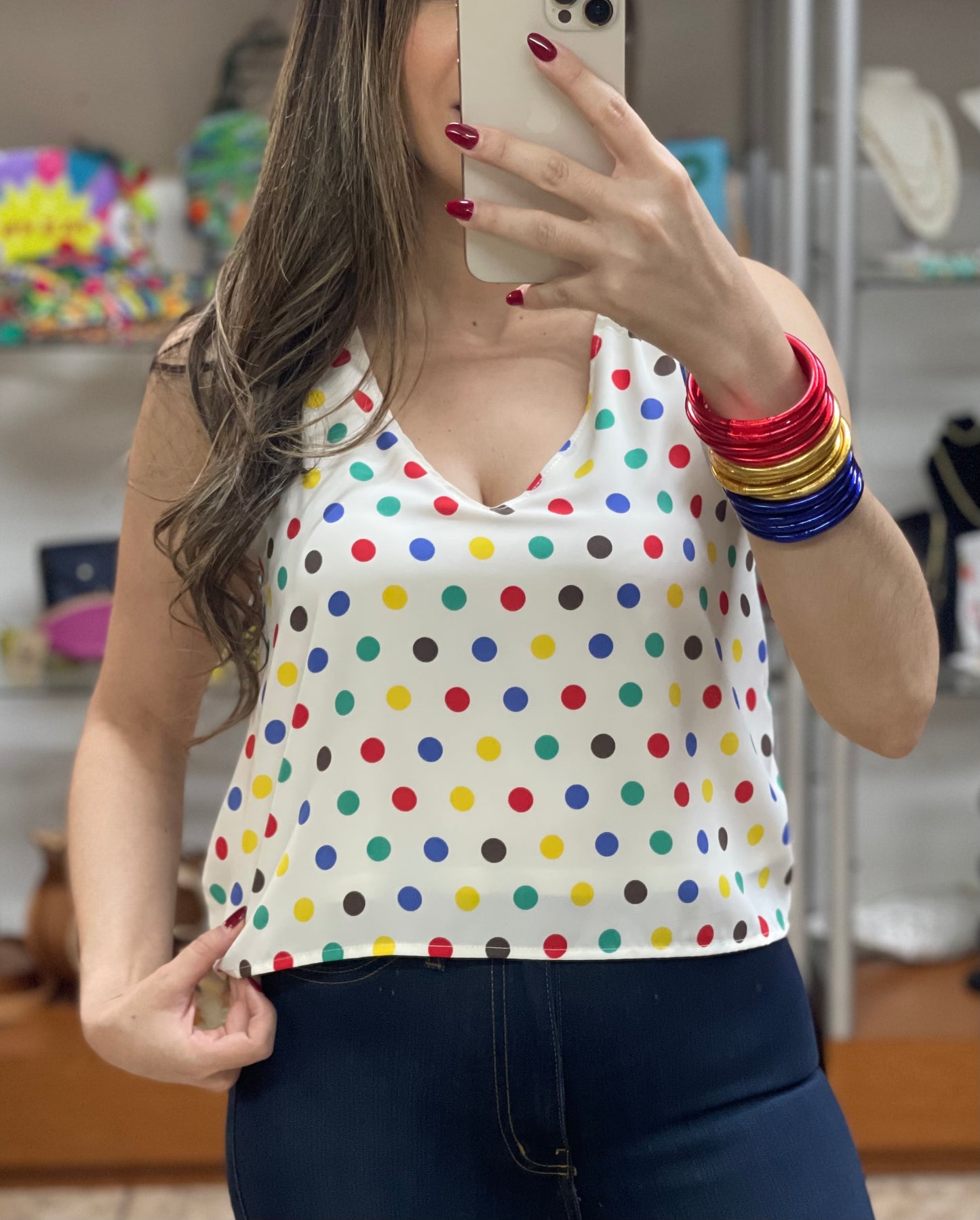 Polka V Neck Top