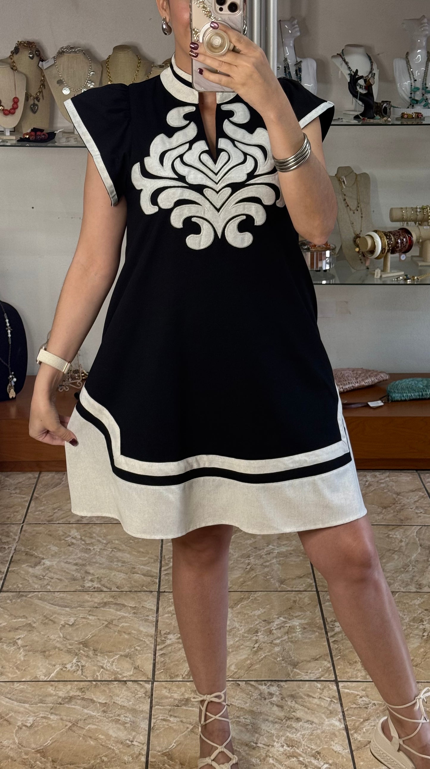 Black Embroidered V-Neck Dress