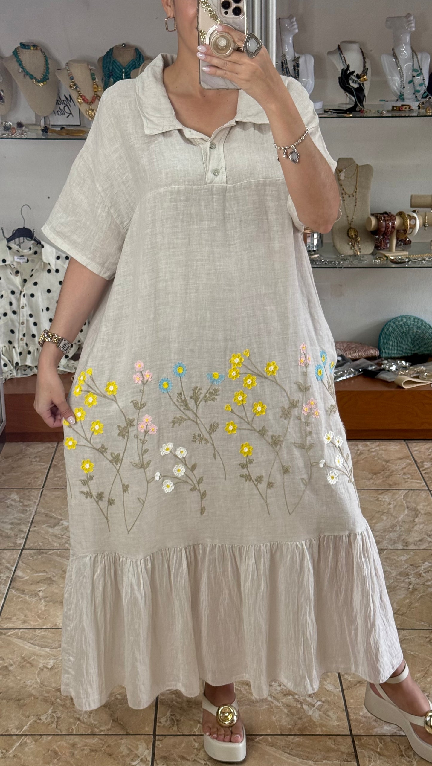 Floral Embroidered OS Linen Dress (NO RETURNS OR EXCHANGE)