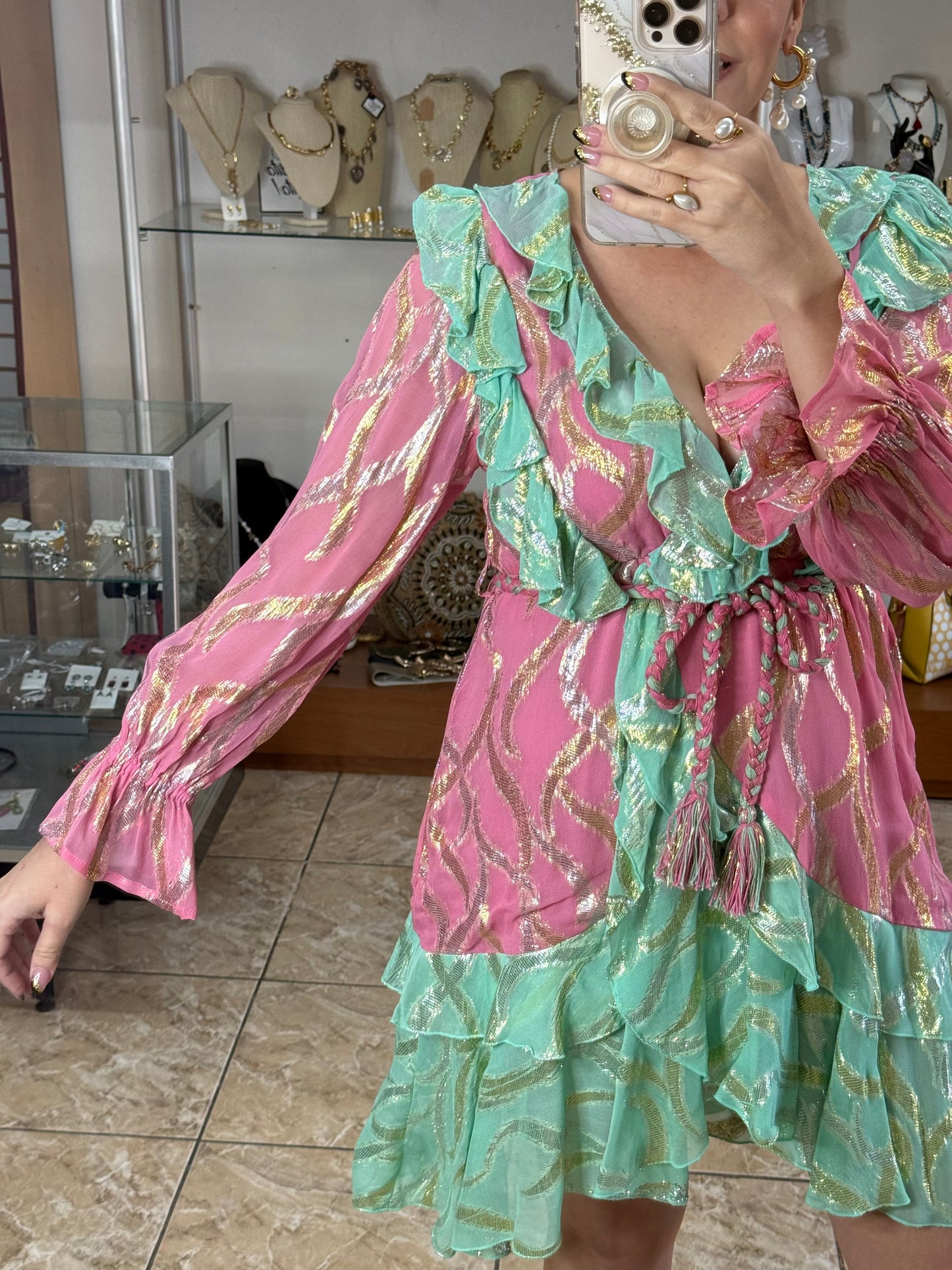 OS Gold Details Pink/Turquoise Mini Dress (FINAL SALE)