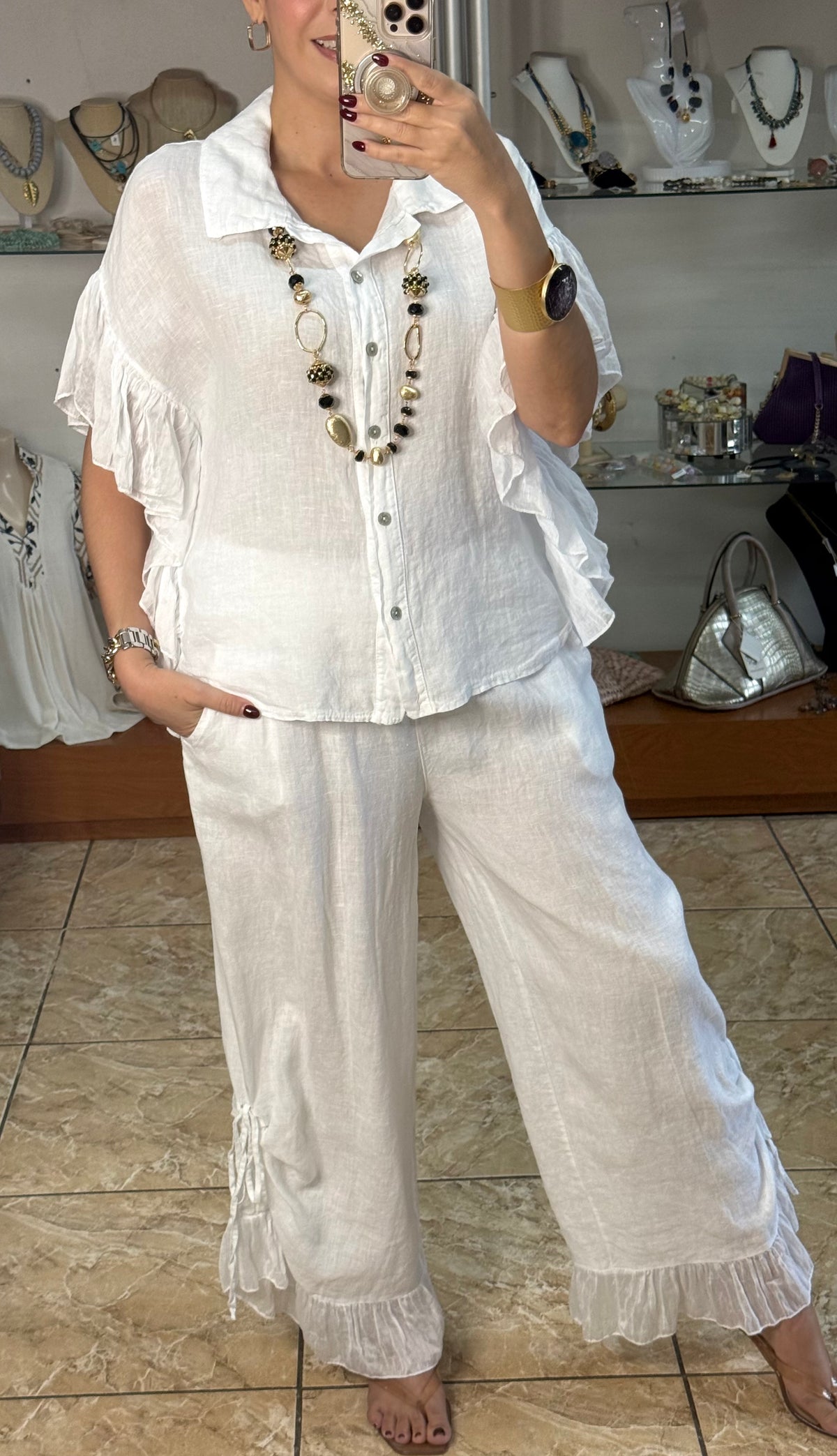 OS Linen Ruffle Top & Pant Set (NO RETURNS OR EXCHANGE)