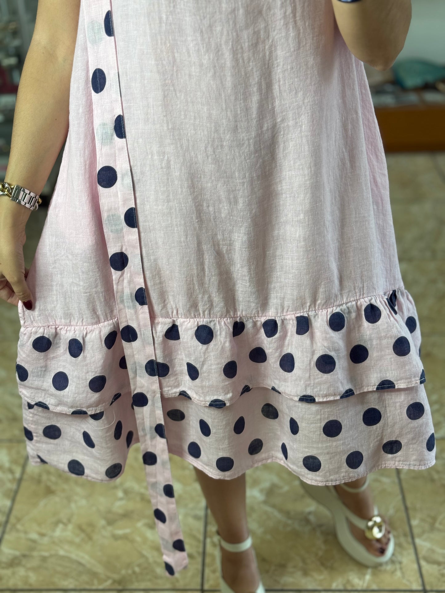Navy Polkadots OS Linen Short Dress (NO RETURNS OR EXCHANGE)