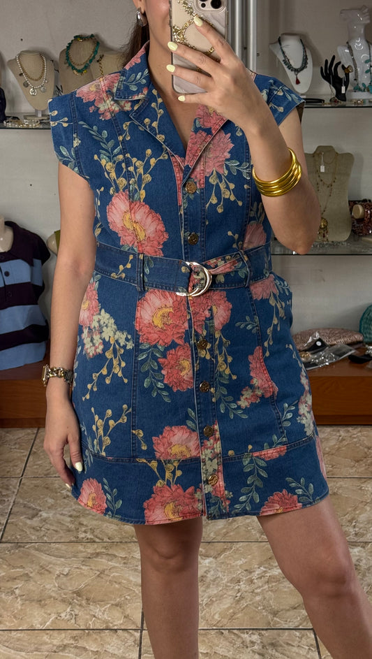 Denim Floral Belted Mini Dress