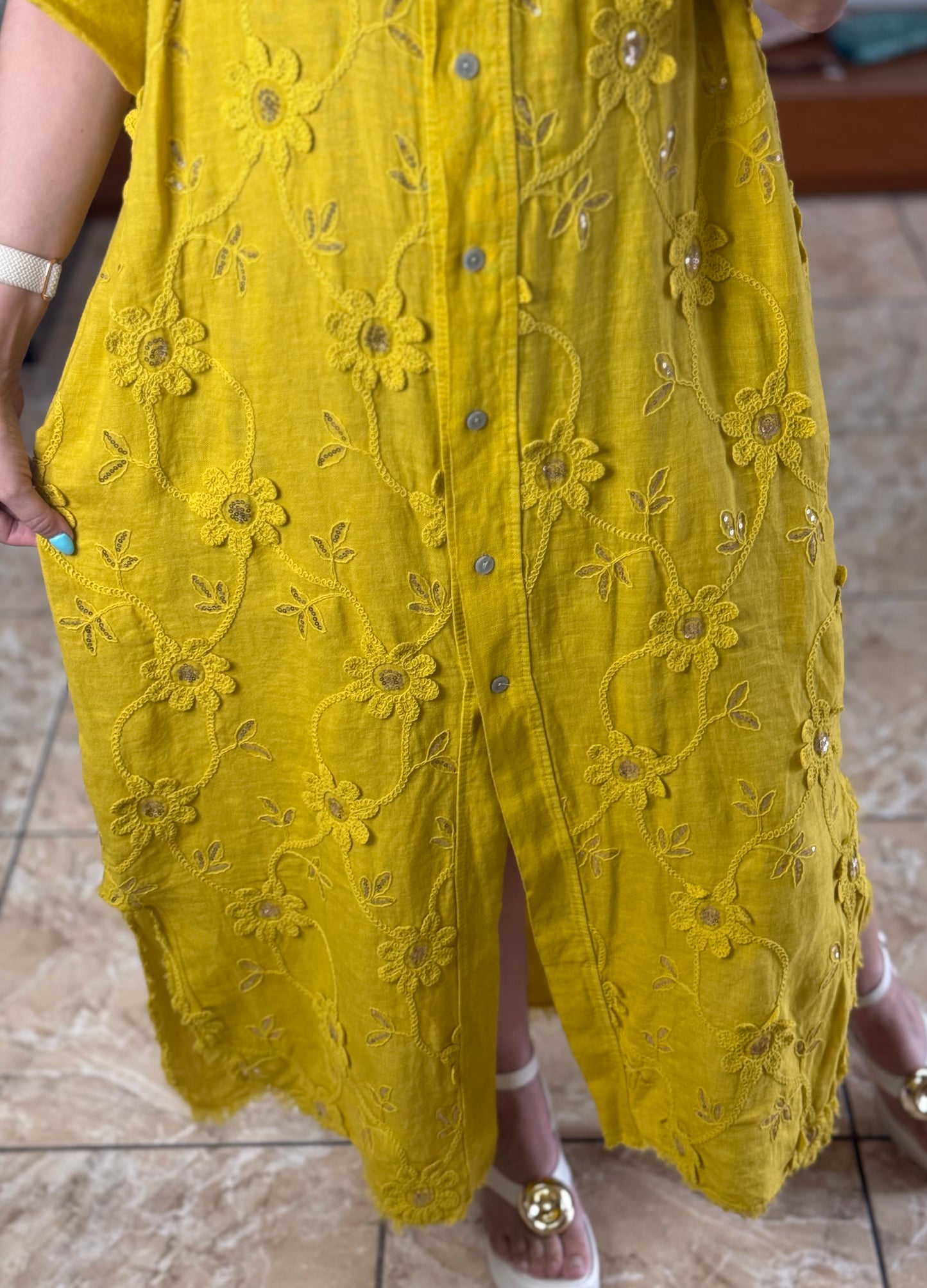 OS Embroidered/Sequins Linen Maxi Dress (NO RETURNS OR EXCHANGE)