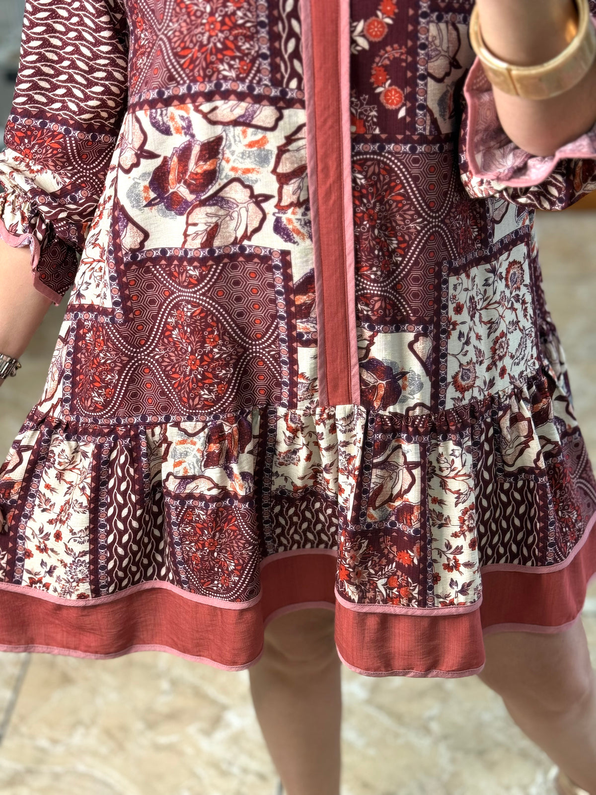 Patchwork Print Tiered Mini Dress