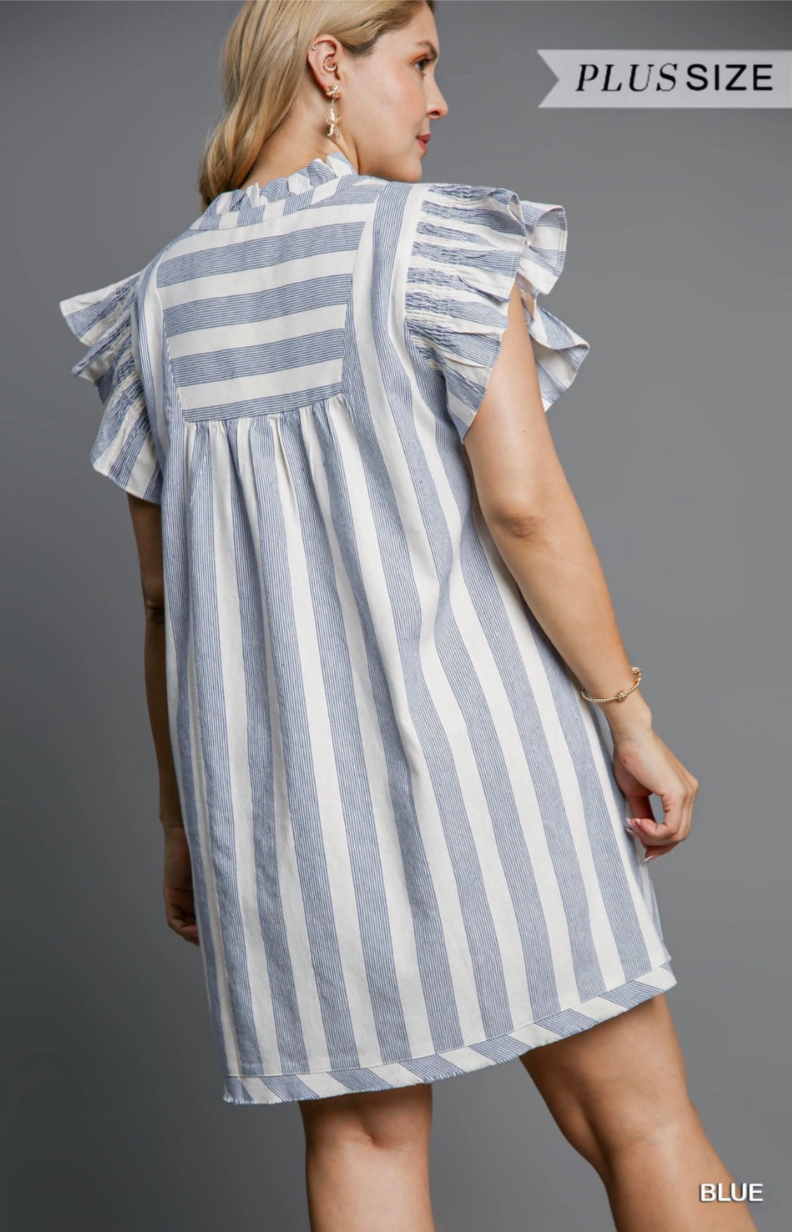 Blue Mix Stripe V-Neck Dress (PLUS)