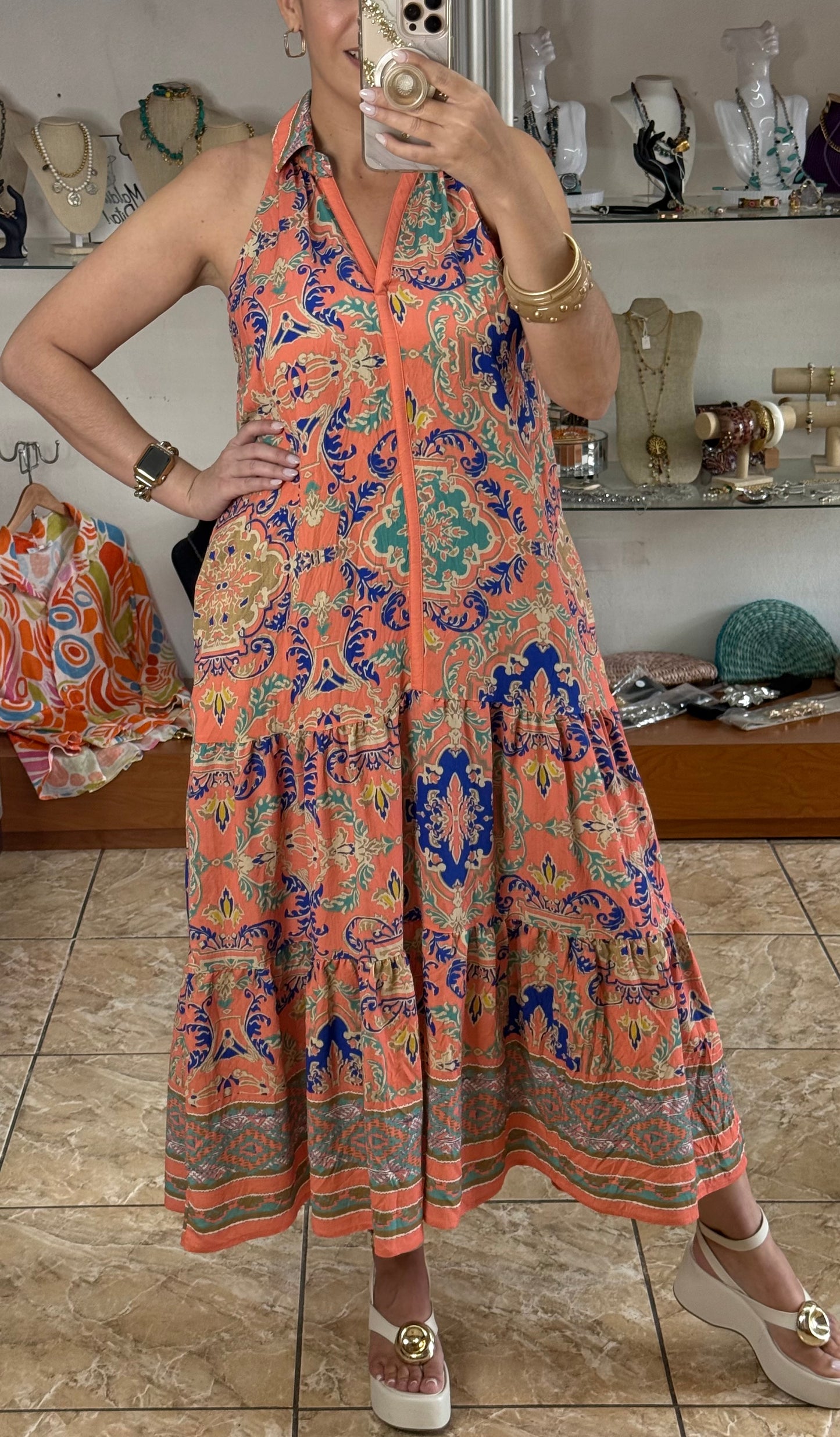 Coral Mix Halter Maxi Dress