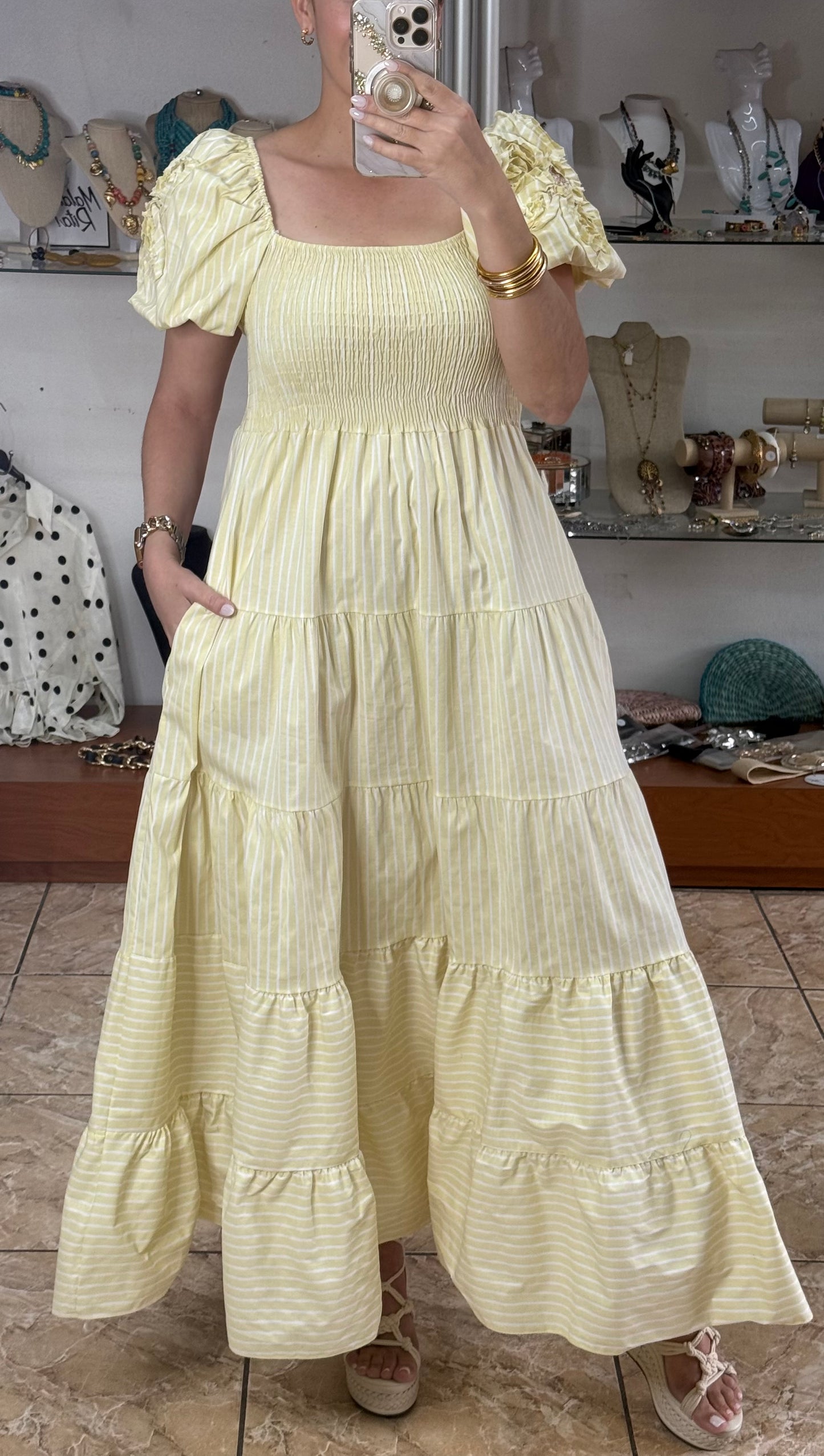 Puff Sleeves Striped OS Maxi Dress (NO RETURNS OR EXCHANGE)
