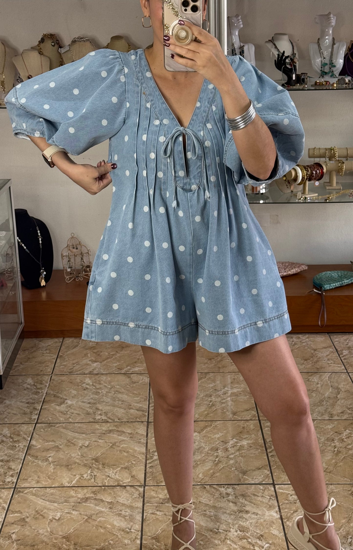 Polkadots Denim Romper