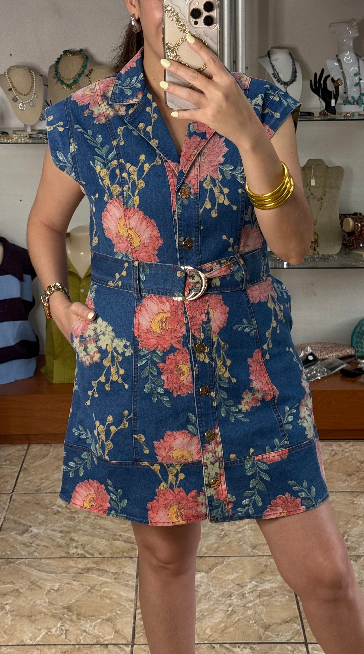 Denim Floral Belted Mini Dress