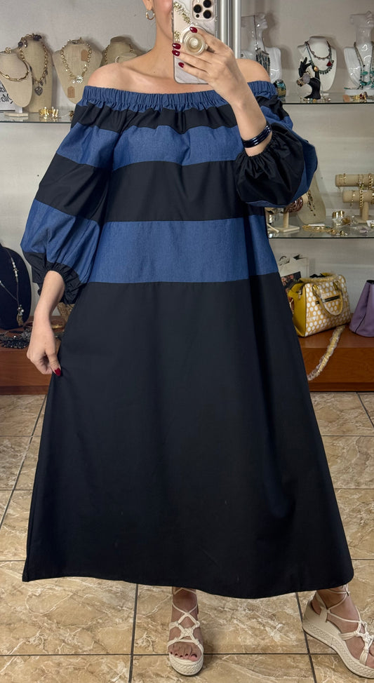 Off Shoulder Black/Denim Maxi Dress
