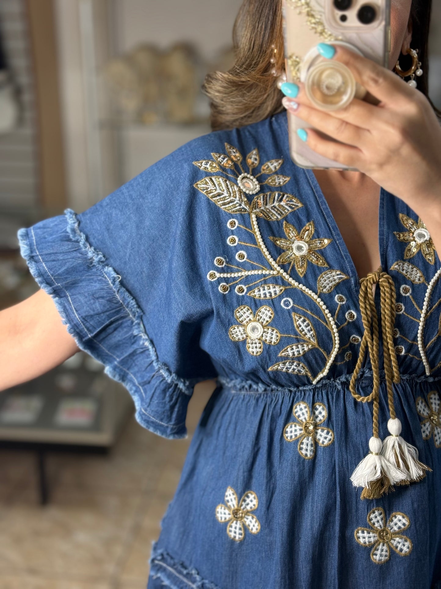 OS Short Embroidered Denim Dress (NO RETURNS OR EXCHANGE)