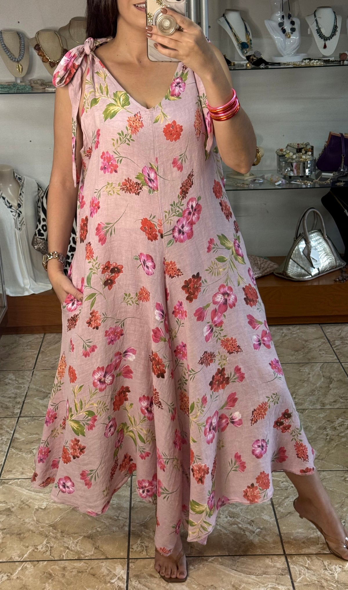 OS Dusty Rose Floral Linen Jumpsuit (NO RETURNS OR EXCHANGE)