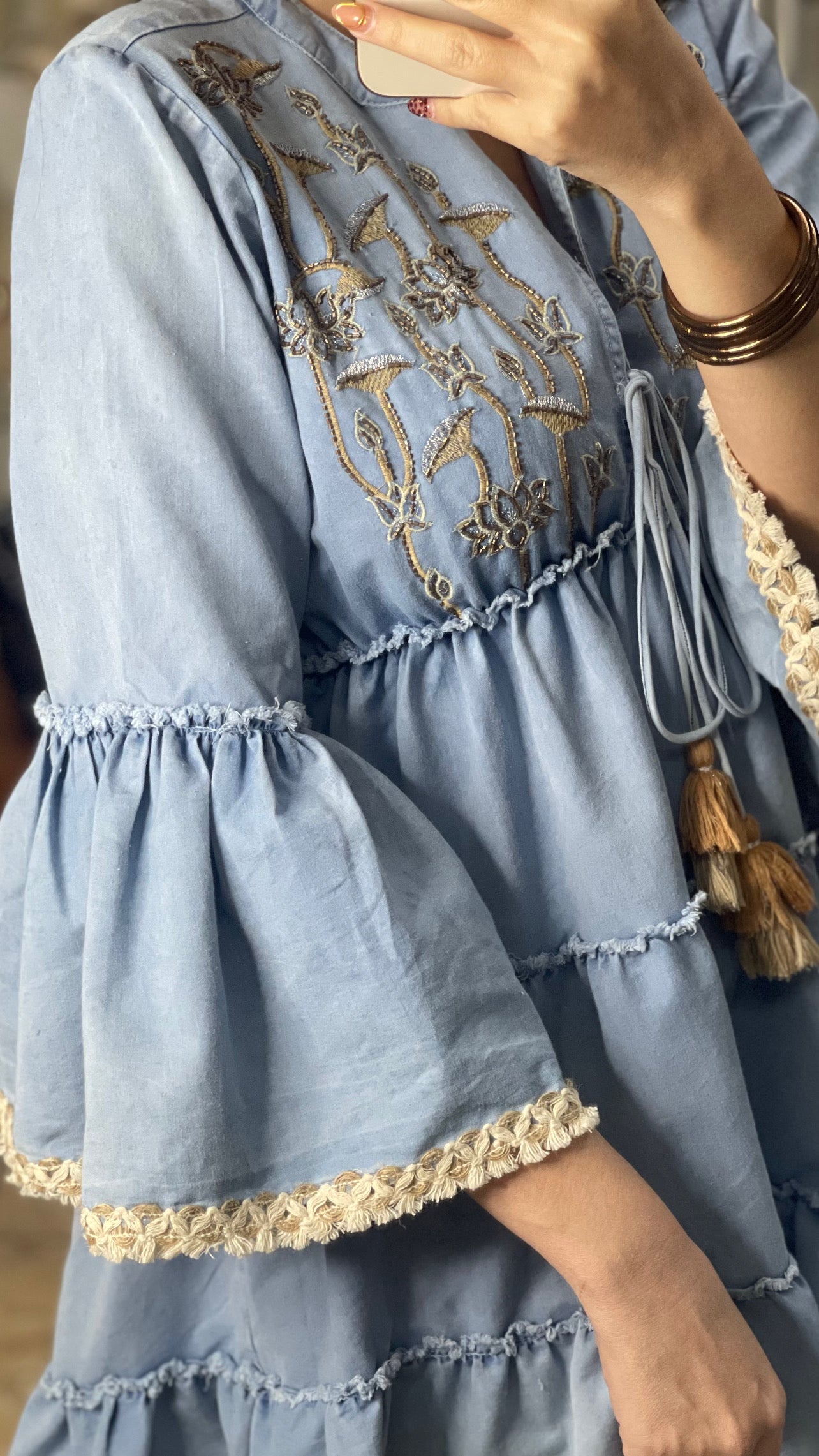 Low/High Embroidered Denim Mini Dress