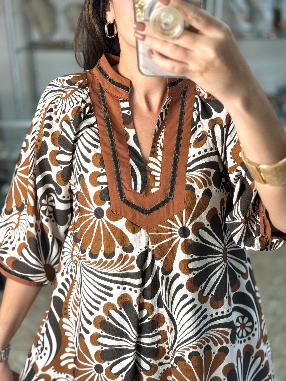 Brown Mix Abstract Print Midi Dress
