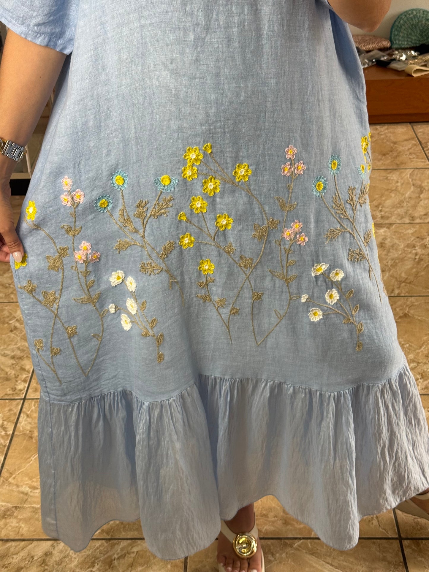 Floral Embroidered OS Linen Dress (NO RETURNS OR EXCHANGE)