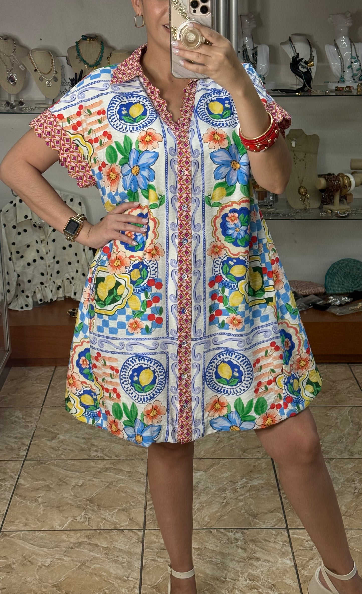 Blue Mix Mediterranean Print Dress