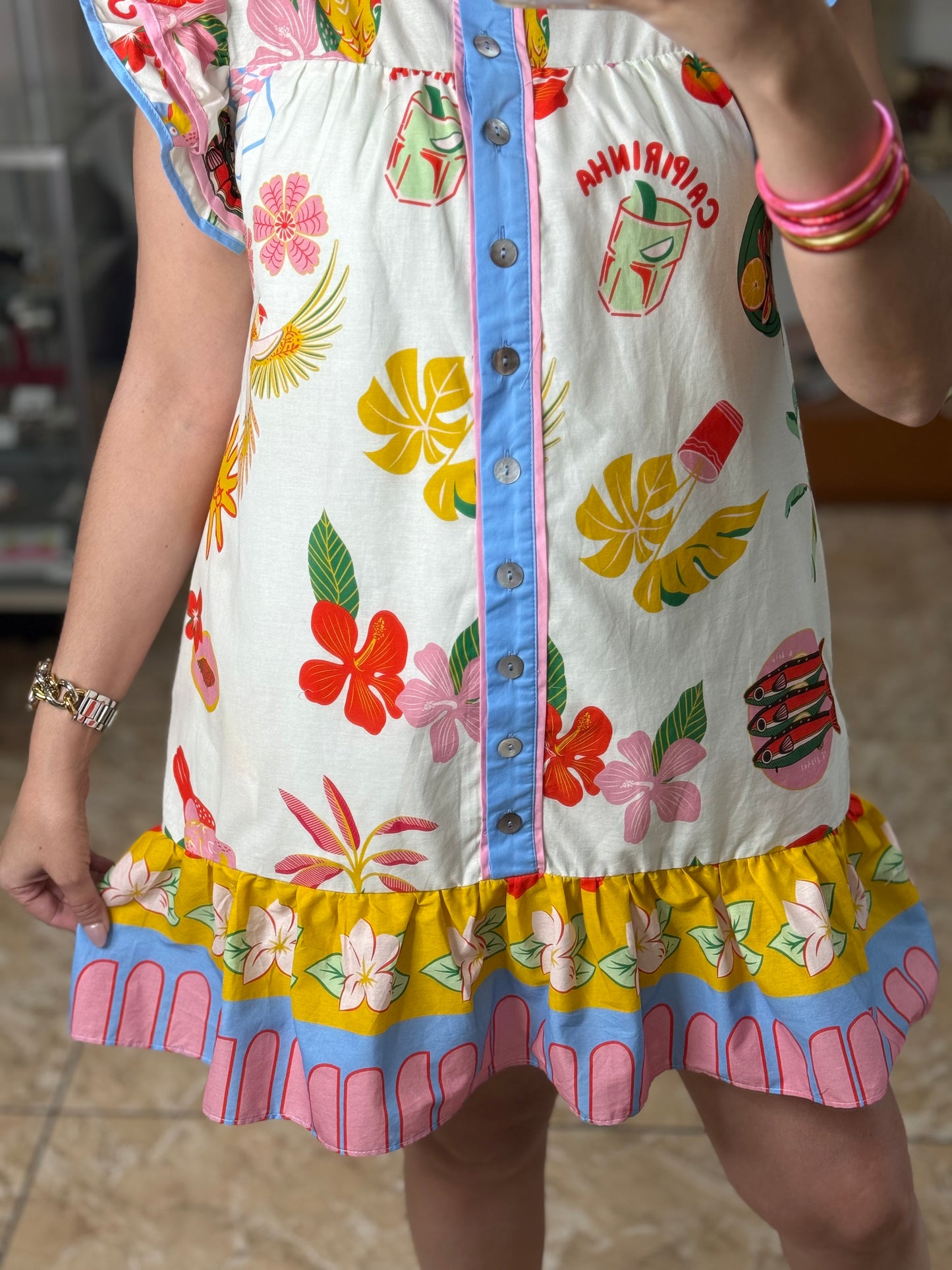Flutter Sleeves Tropical Mini Dress