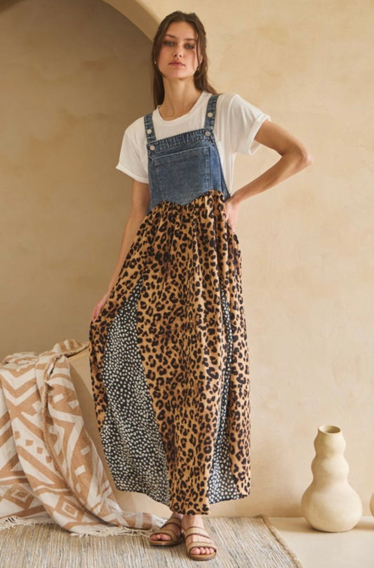 Denim Leopard Overall Dress (PLUS)