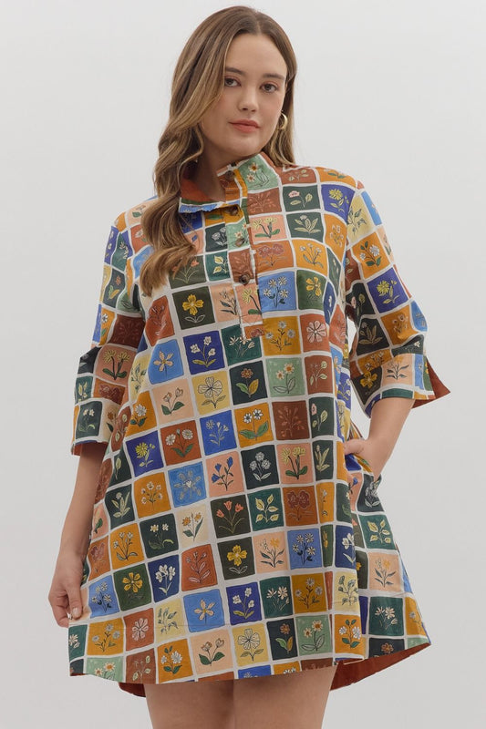 Brick Multi Floral Mini Dress (PLUS)