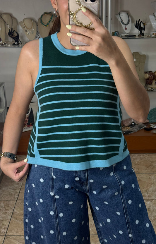 Hunter Green Sleeveless Stripes Sweater Top