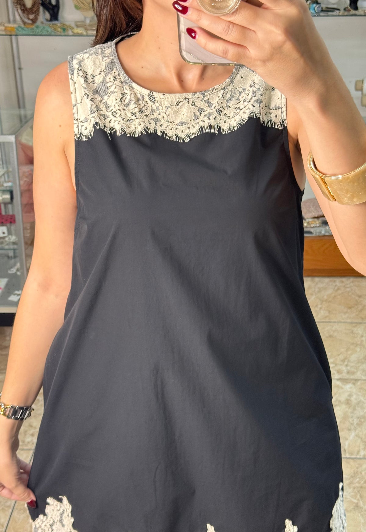 Sleeveless Black Dress with Lace Details