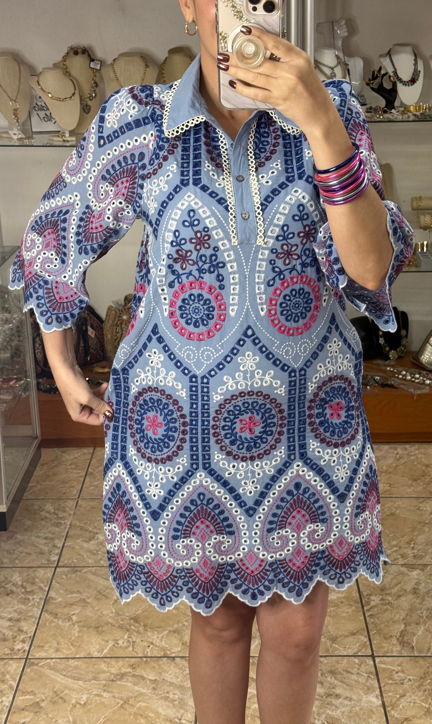 Blue Mix Embroidered Mini Dress
