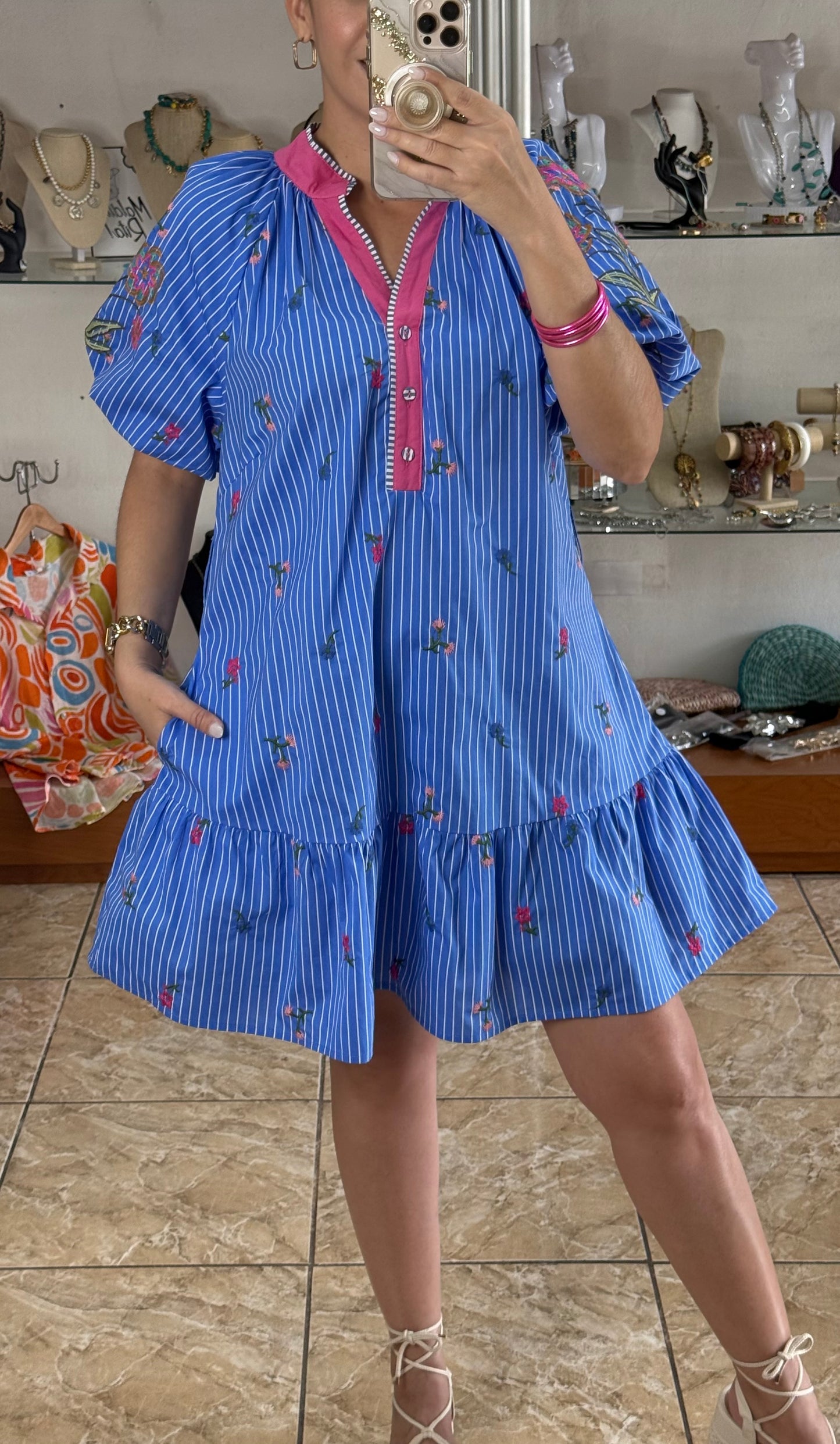 Puff Sleeves Floral Embroidered Mini Dress
