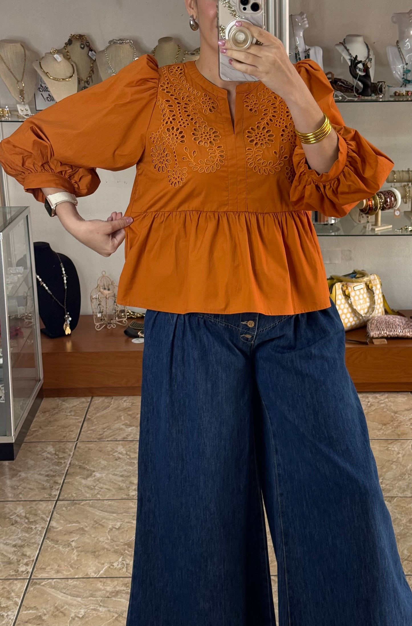 Long Sleeves Caramel Embroidered Peplum Top