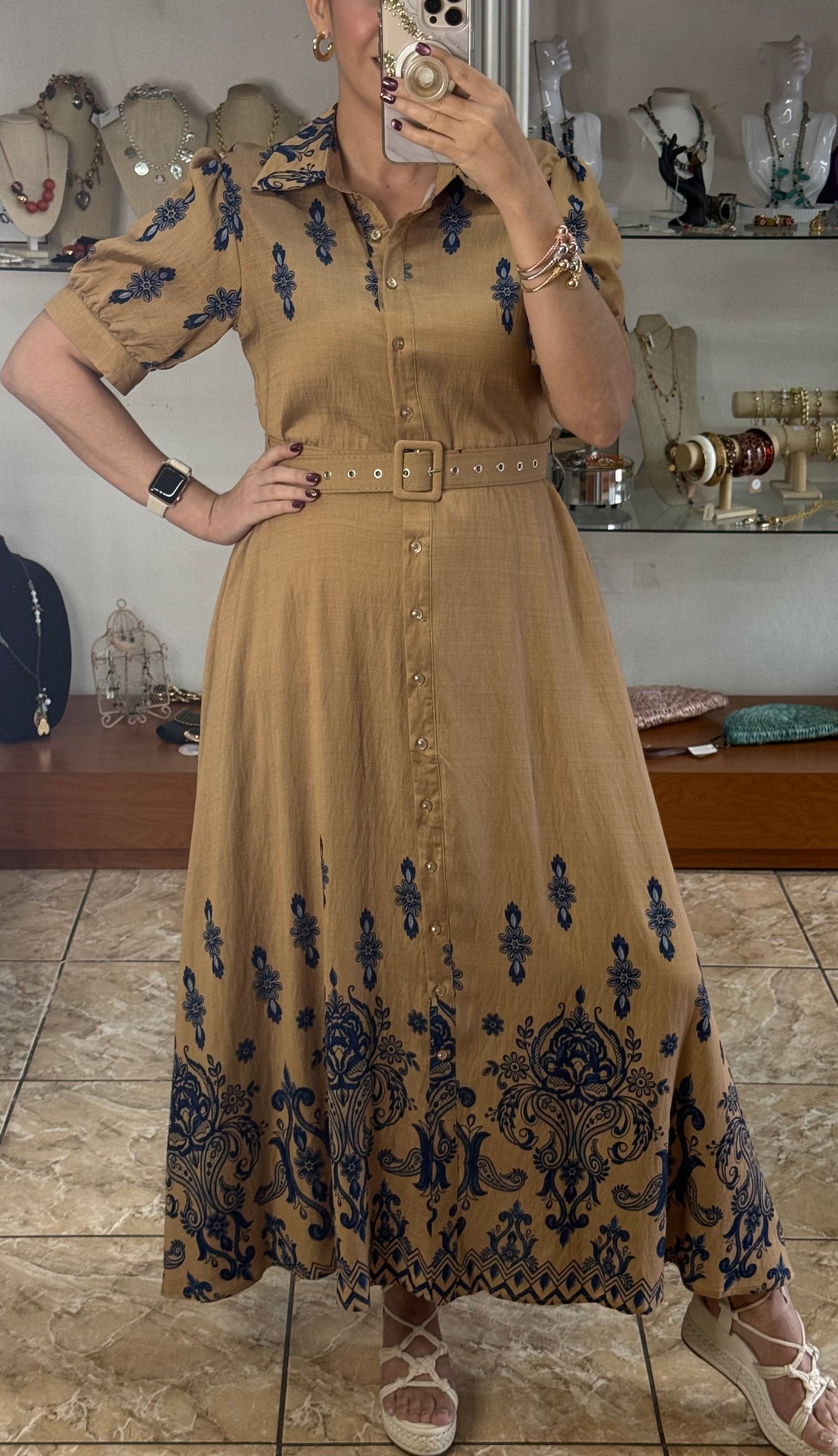 Khaki/Blue Maxi Floral Button Down Dress (Reg and Plus)