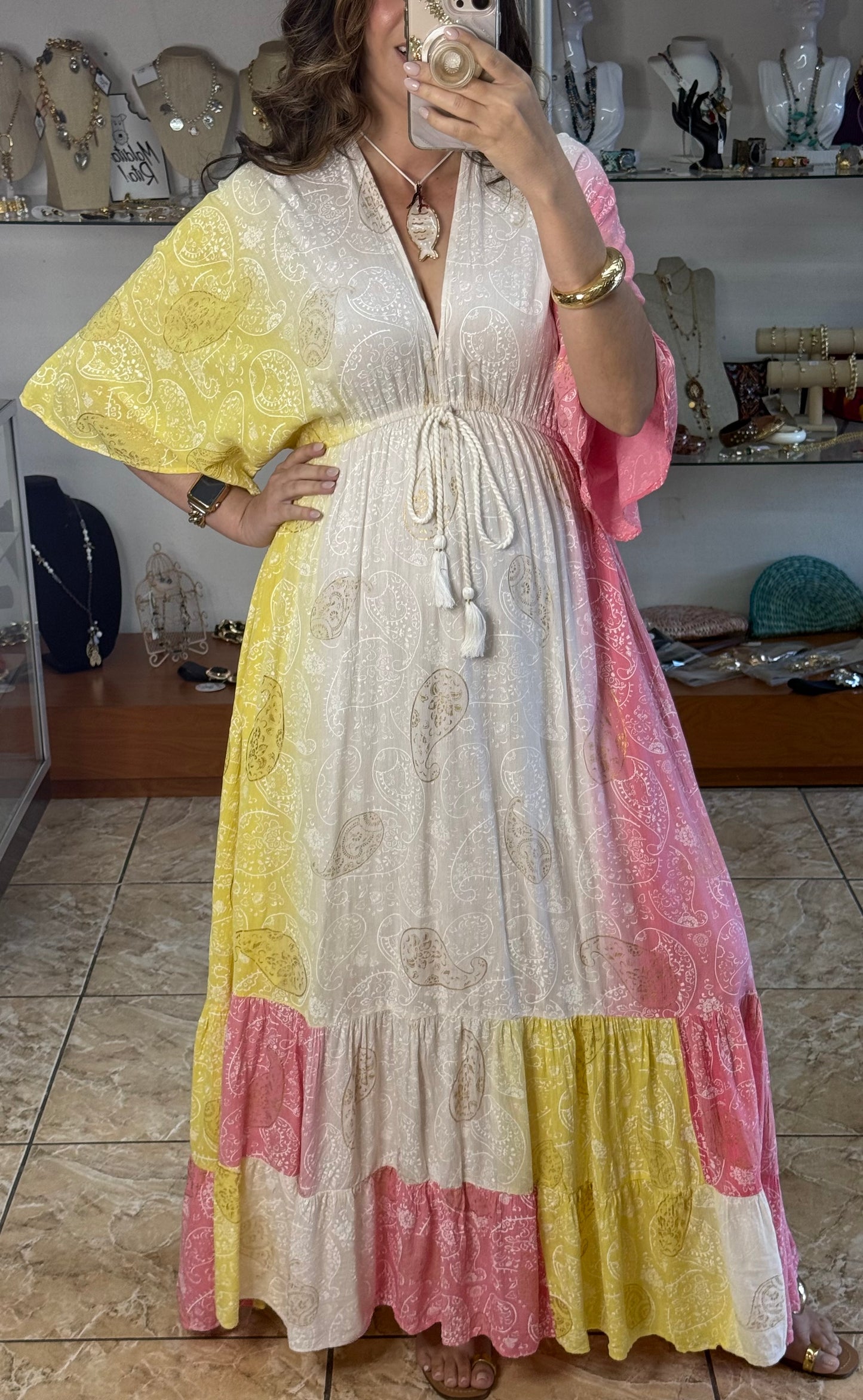 Paisley Yellow/Pink OS Maxi Boho Dress (NO RETURNS OR EXCHANGE)