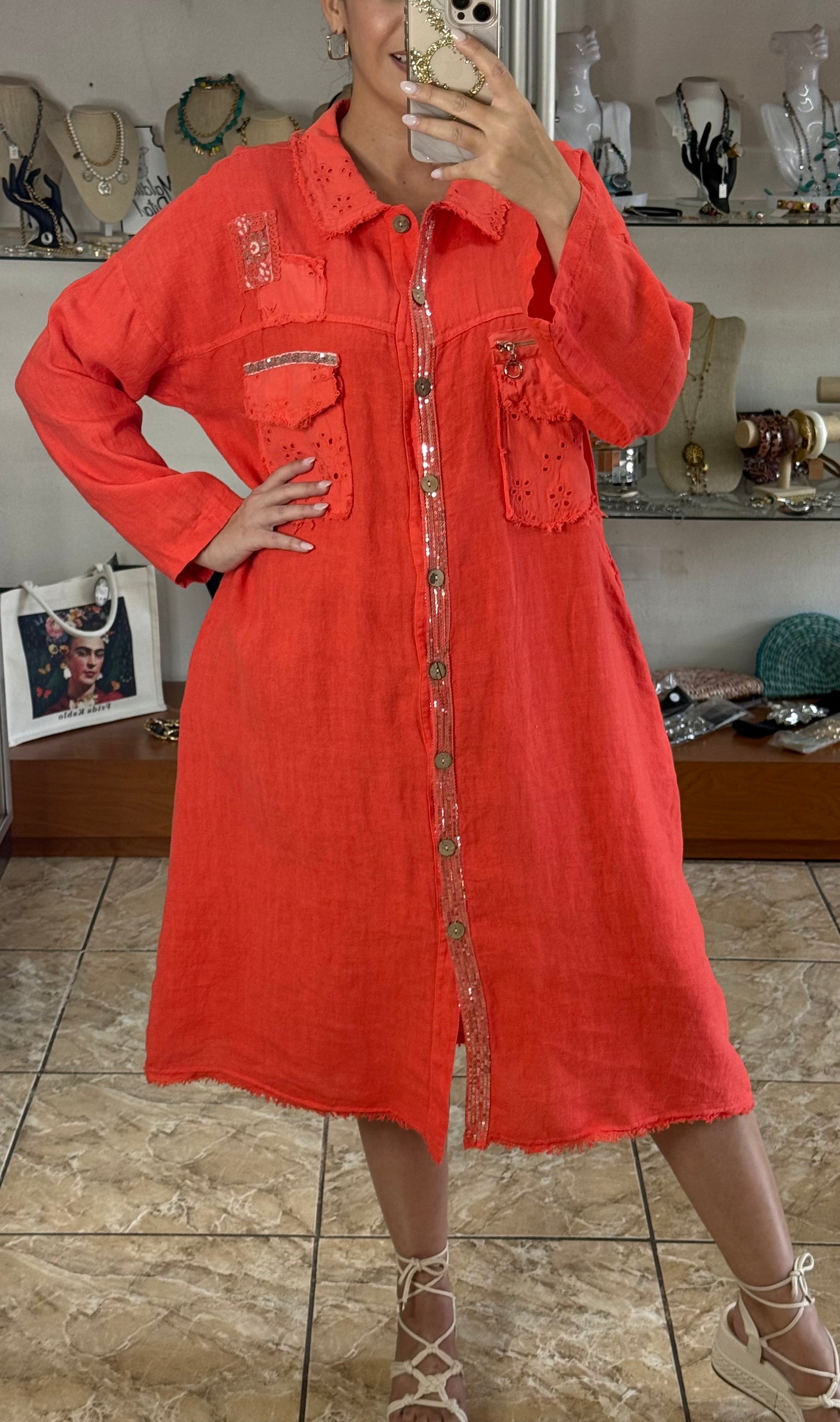 Long Sleeves OS Linen Midi Dress (NO RETURNS OR EXCHANGE)