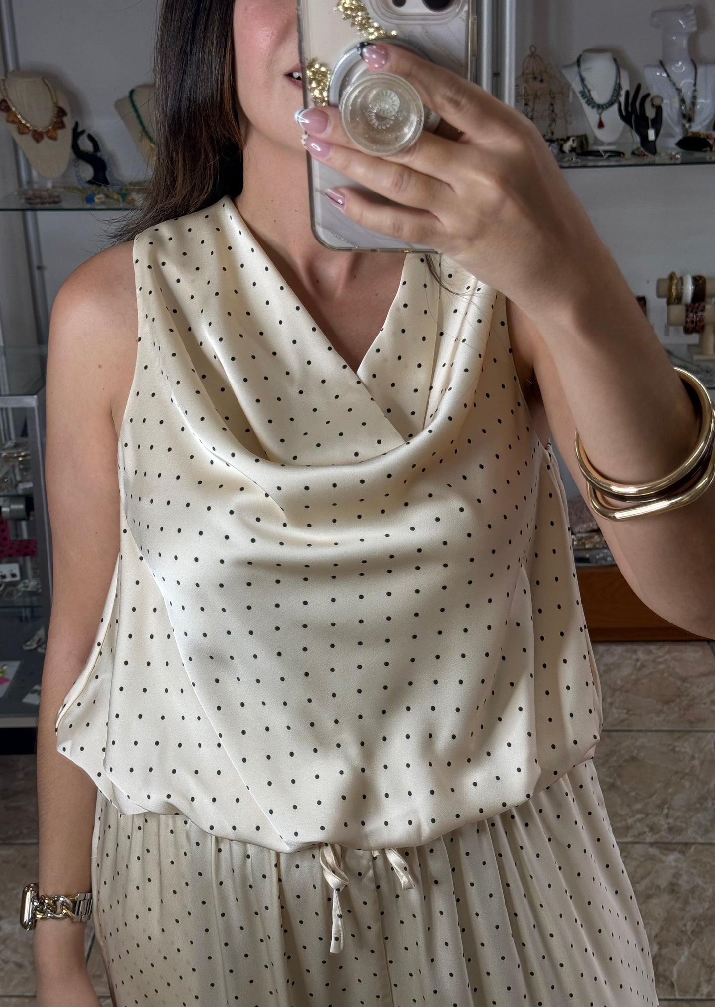 Ecru Polkadot Satin Top & Pant Set