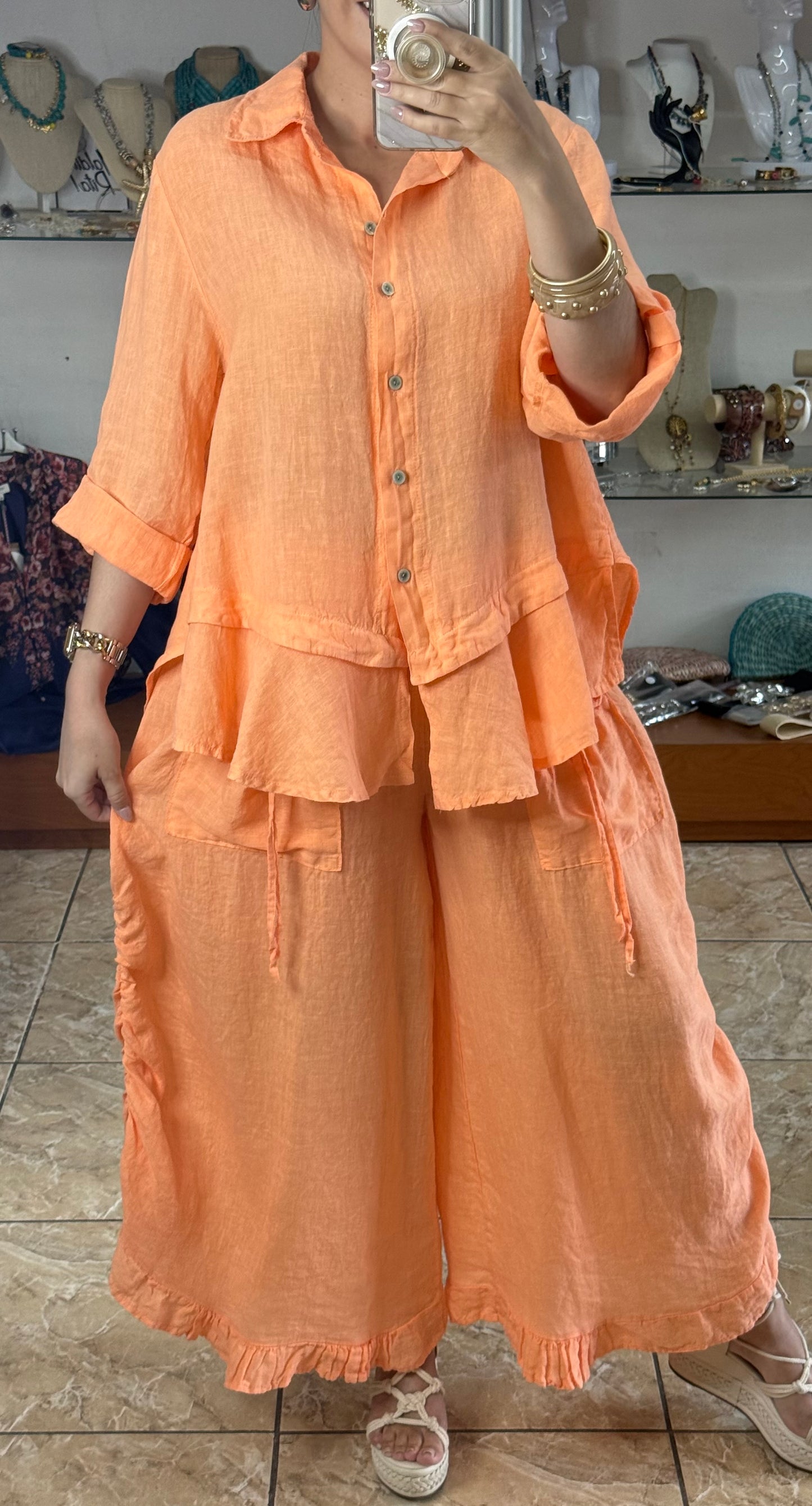 OS Linen Ruffle Pant Set (NO RETURNS OR EXCHANGE)
