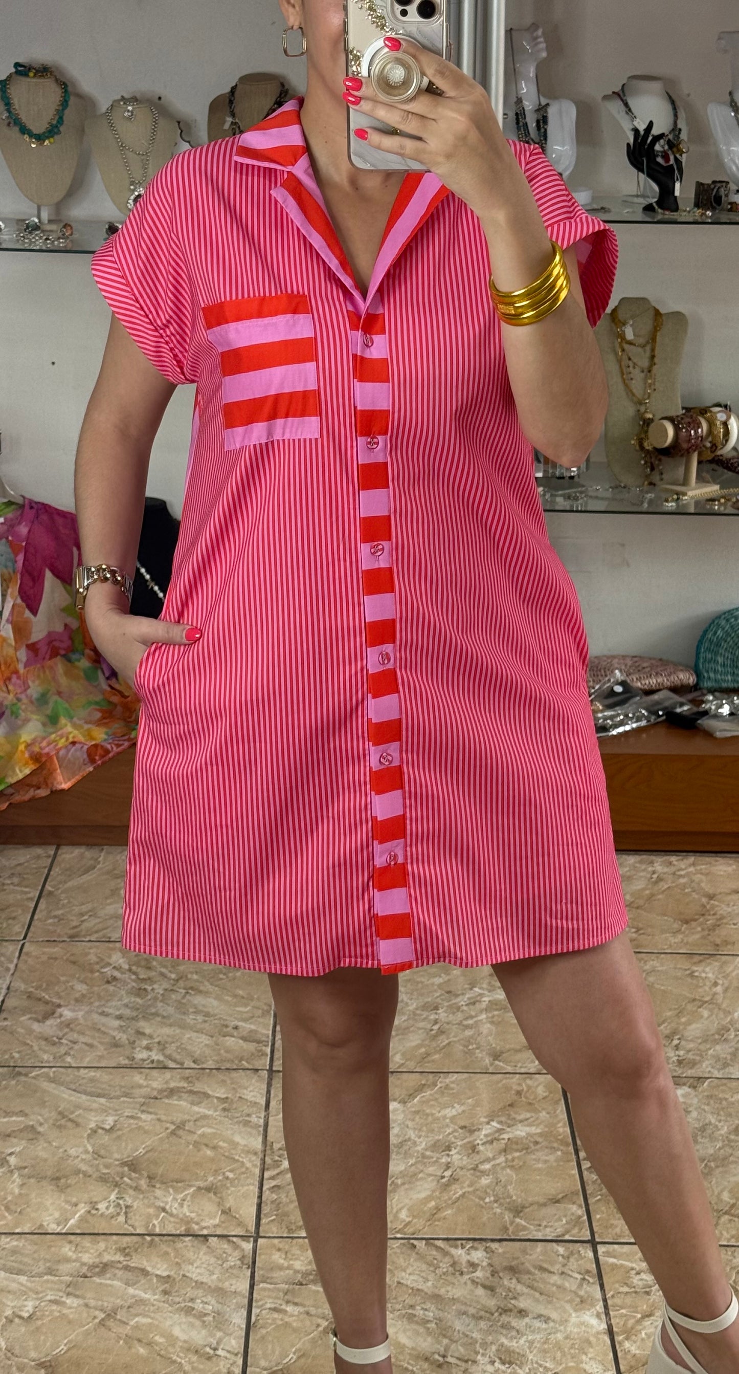 Pink/Orange Stripes Mini Dress