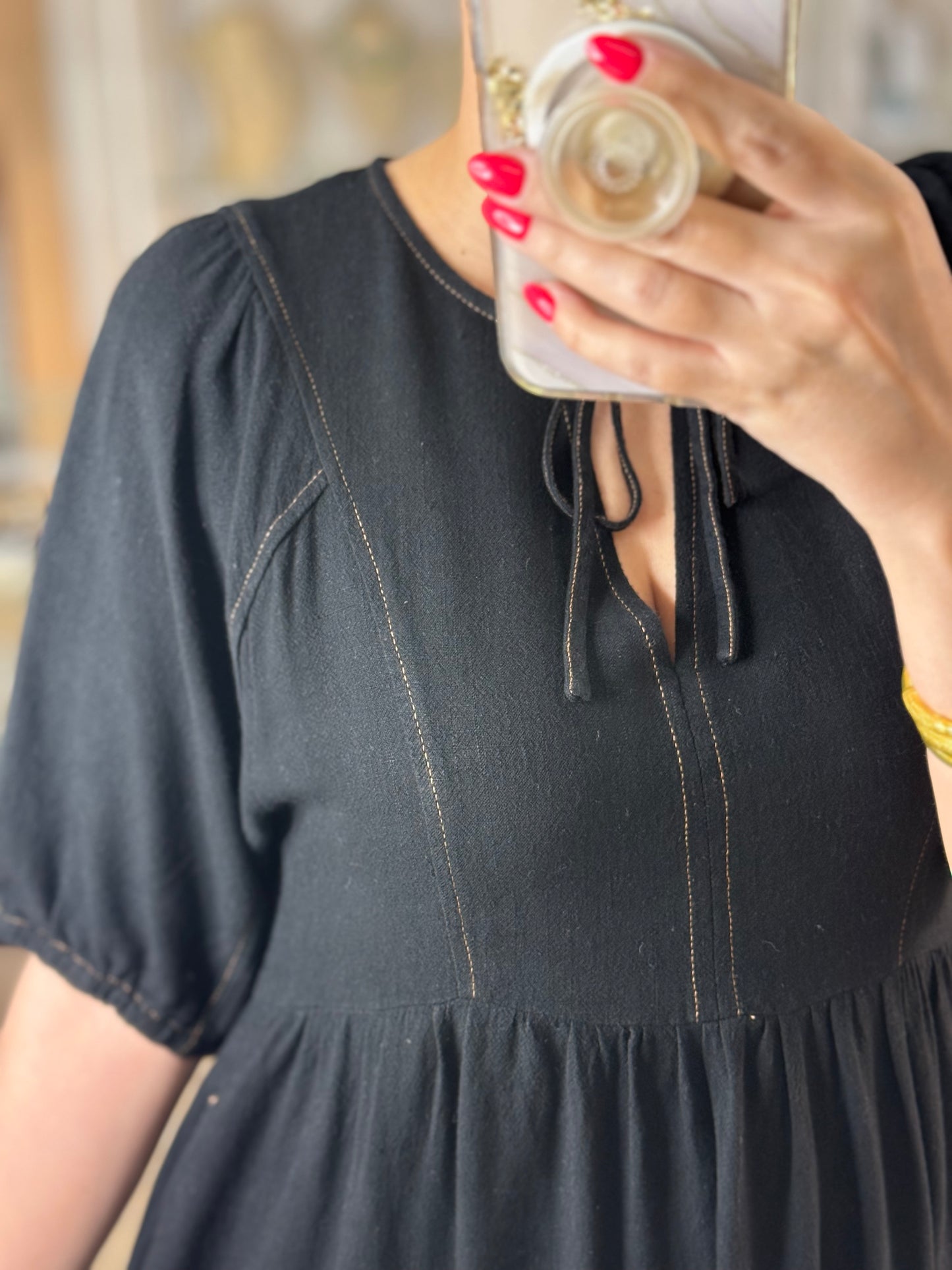 Black Linen Blend V-Neck Dress