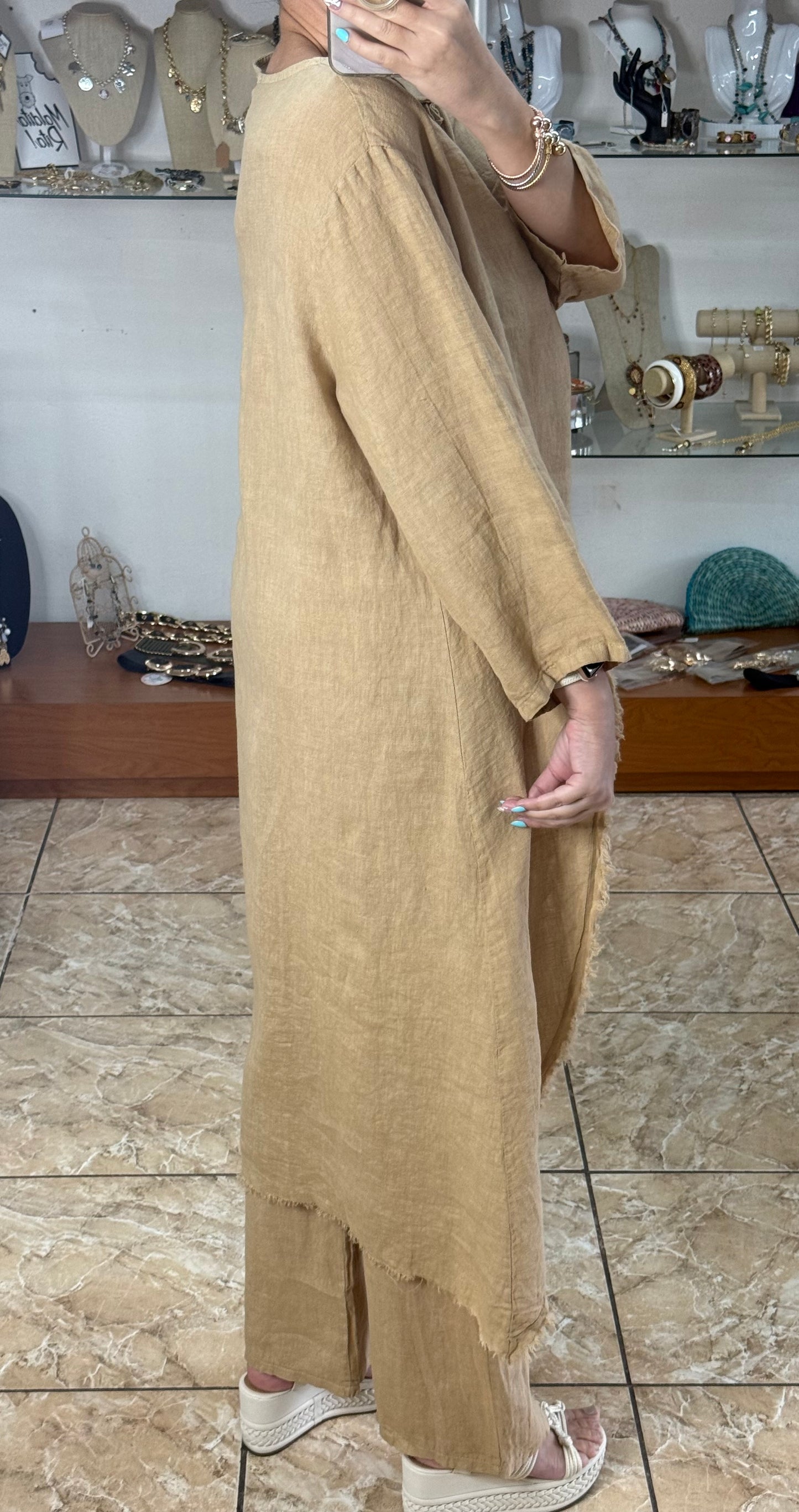 Camel OS Asymmetrical Top and Pant Linen Set (NO RETURNS OR EXCHANGE)