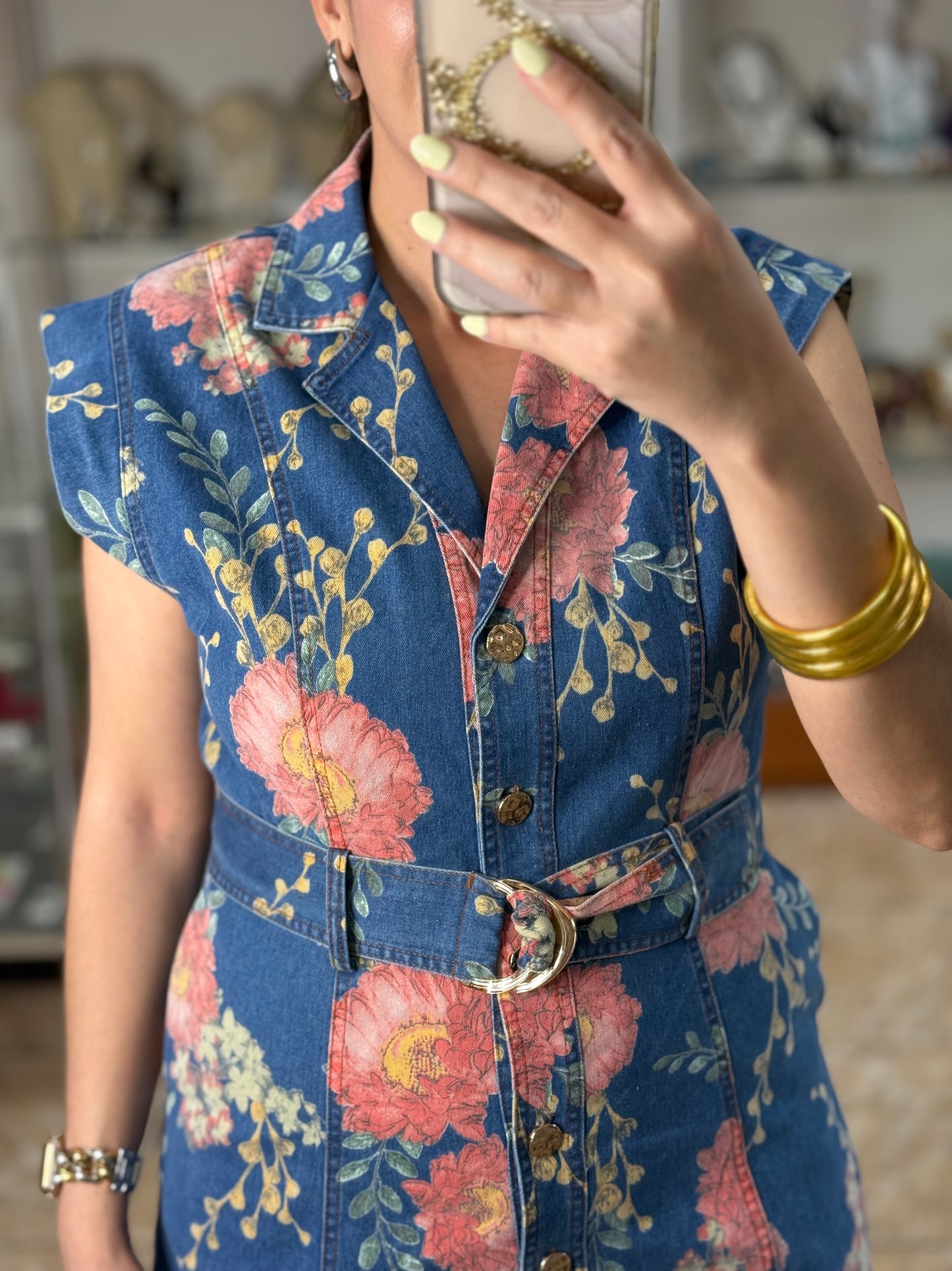 Denim Floral Belted Mini Dress