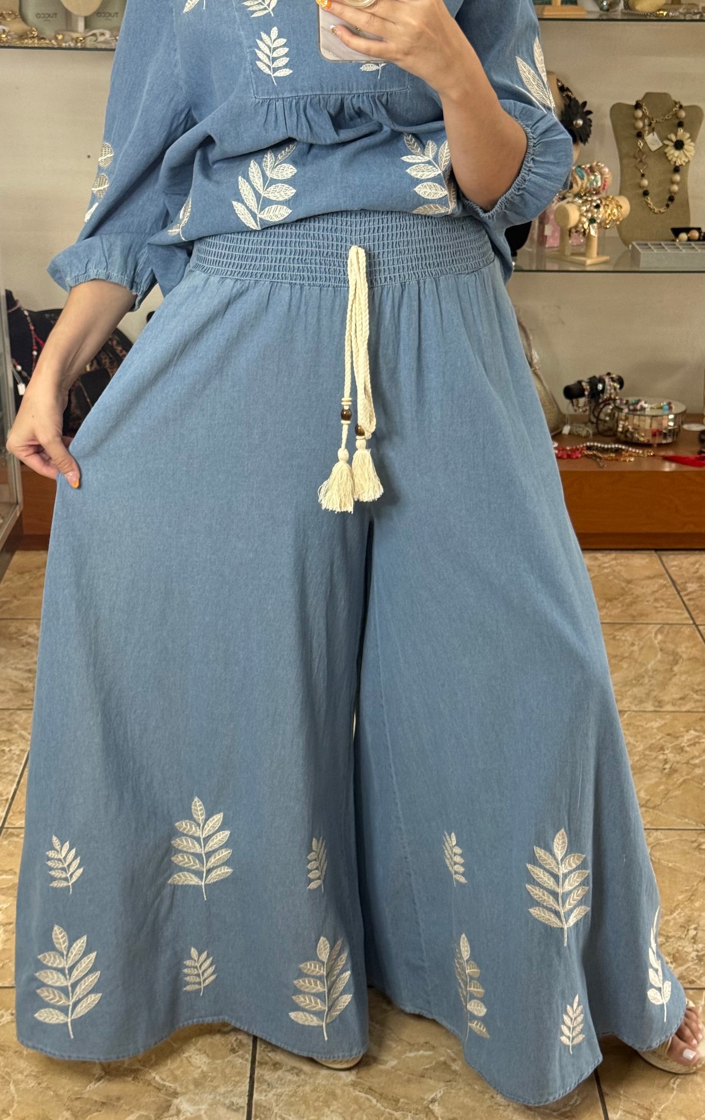 Embroidered Denim OS Top and Pant Set (FINAL SALE)