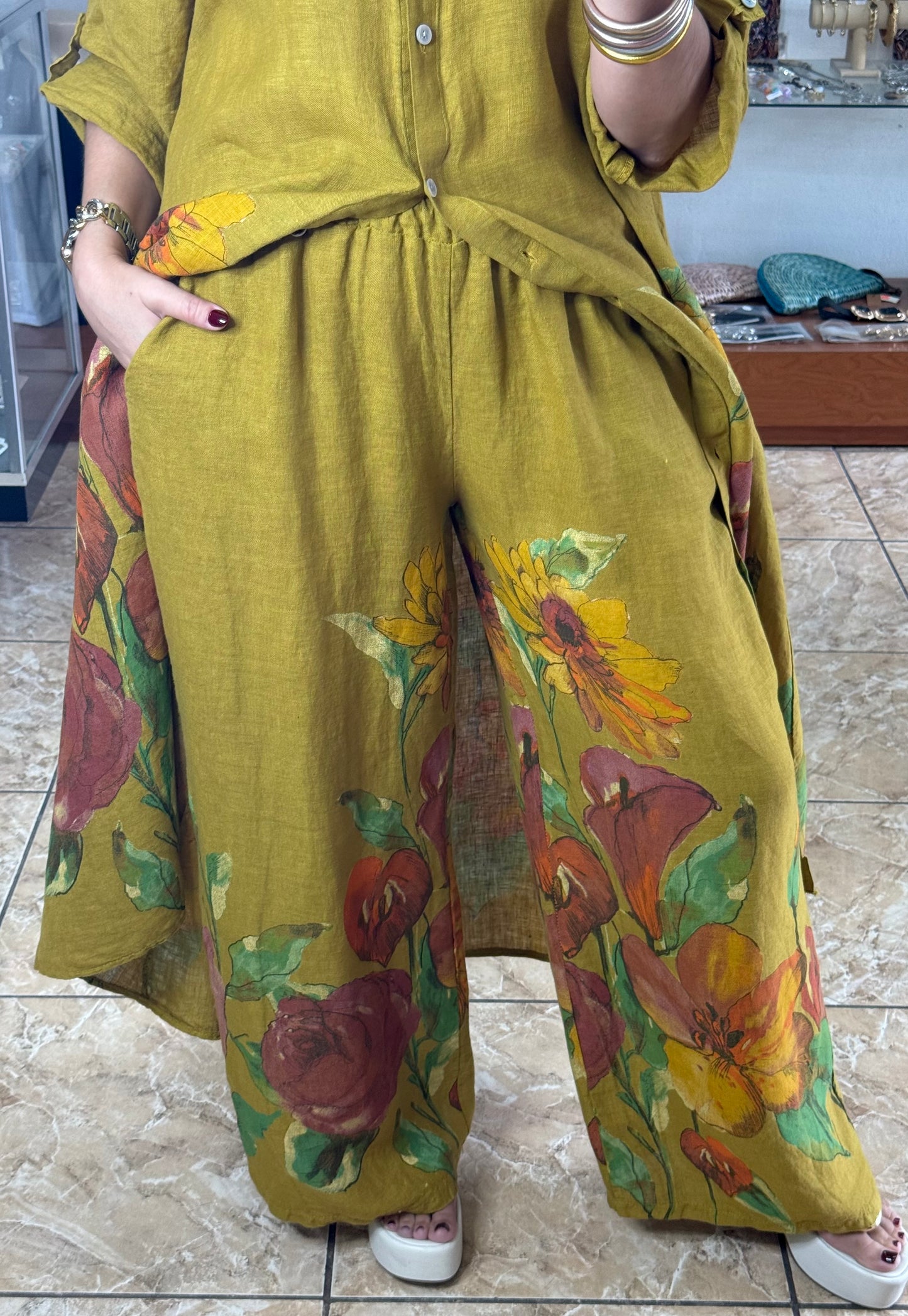 OS Shirt Dress & Pant Floral Linen Set (NO RETURNS OR EXCHANGE)