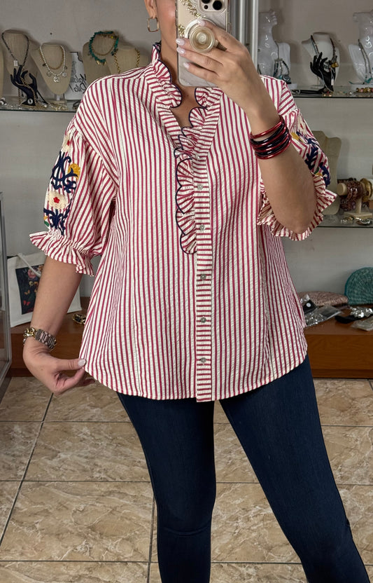 Raspberry Stripes Embroidered Sleeves Top