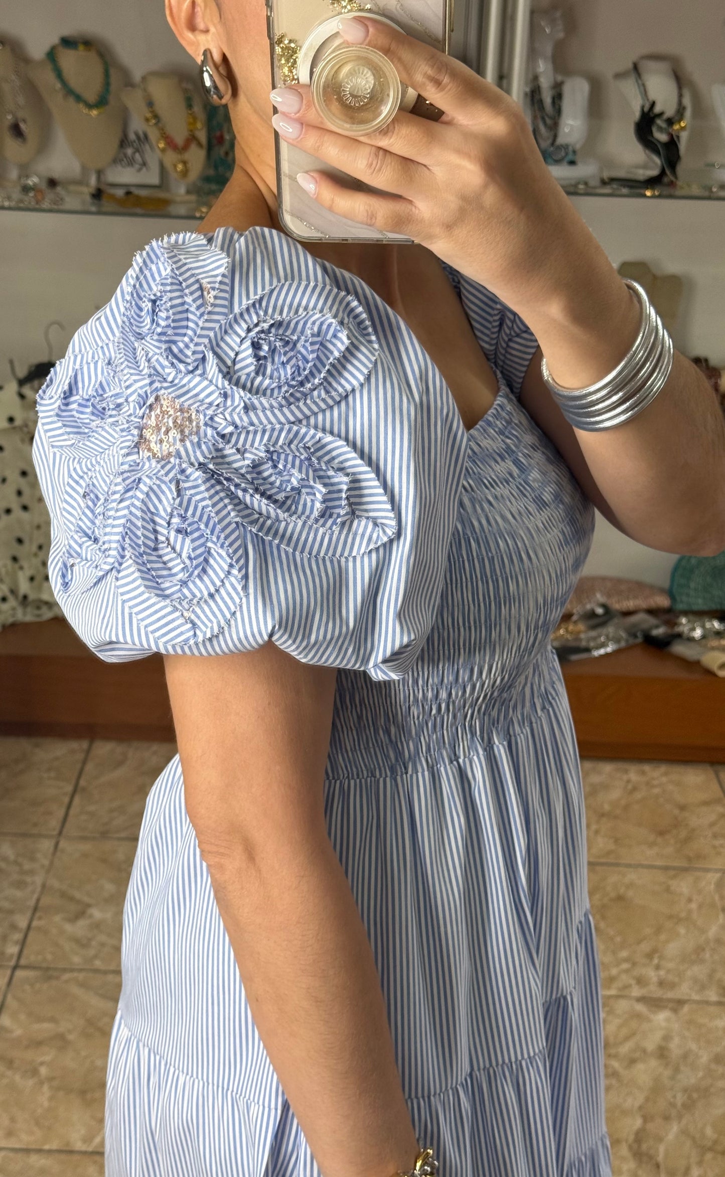 Blue Stripes Puff Sleeves OS Maxi Dress (NO RETURNS OR EXCHANGE)